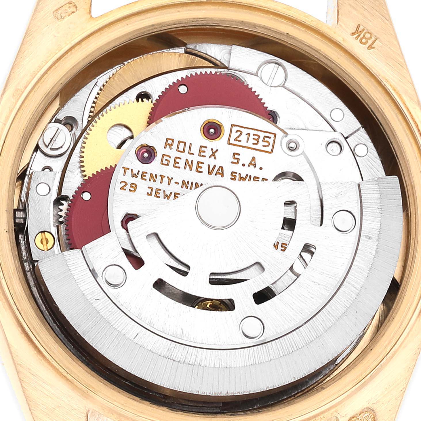 This image shows the internal mechanism of the Rolex President 69178 Women
s Yellow Gold Champagne Dial 69178 Women
s Yellow Gold Champagne Dial model watch from a top-down angle.