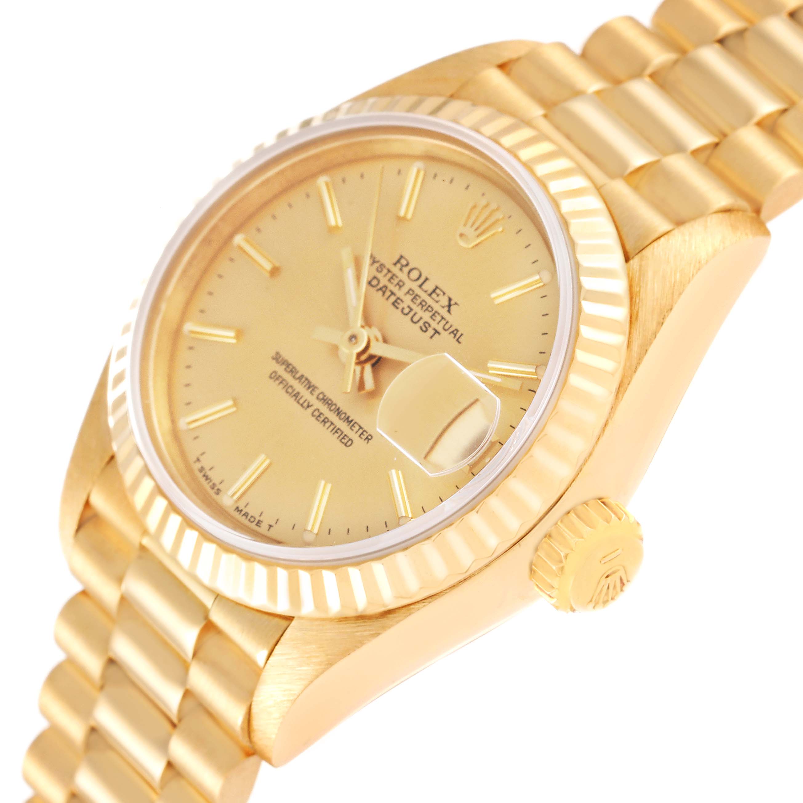 The image shows a close-up of the Rolex President 69178 Women
s Yellow Gold Champagne Dial 69178 Women
s Yellow Gold Champagne Dial model watch, highlighting the dial, bezel, crown, and part of the bracelet.