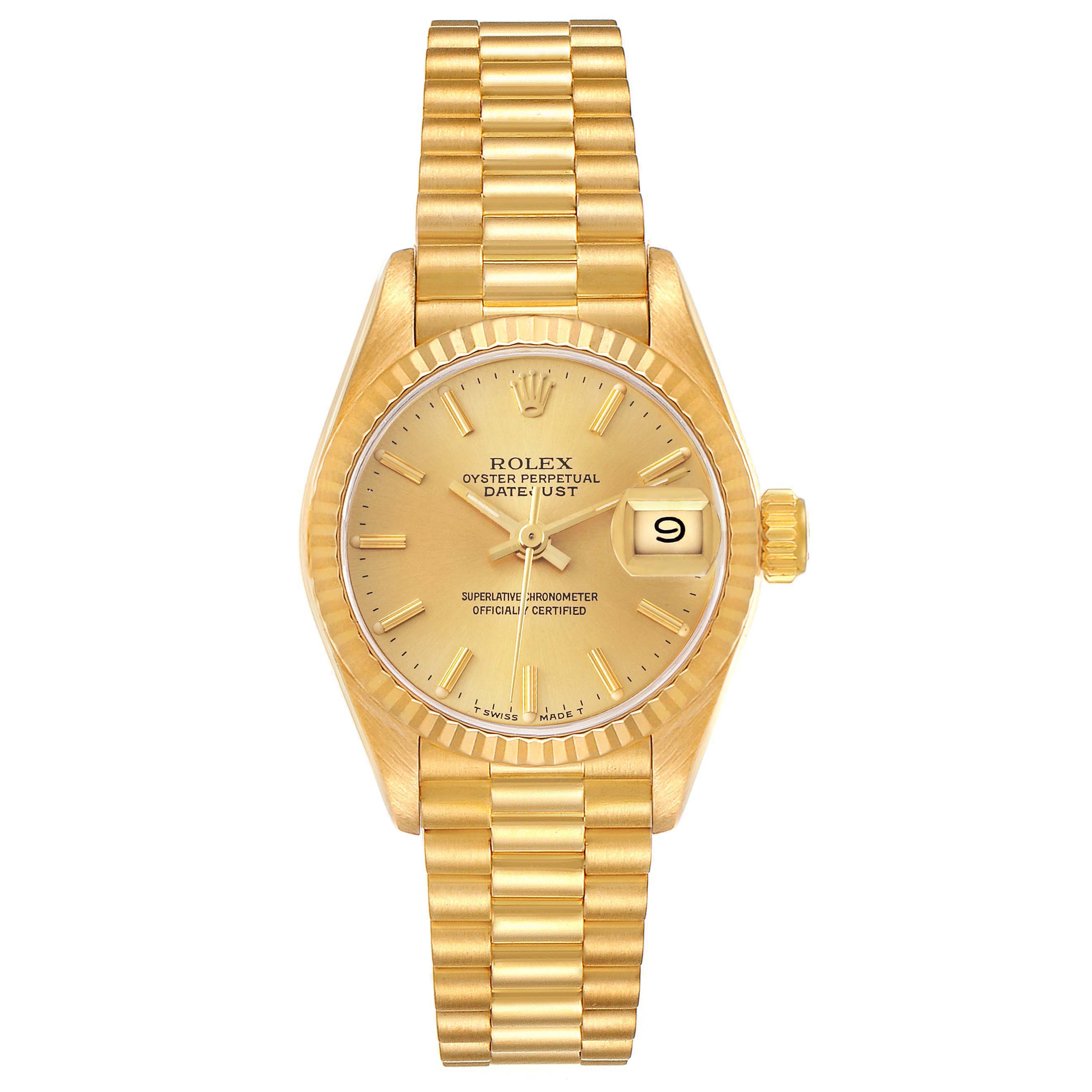 The image shows a front view of the Rolex President 69178 Women
s Yellow Gold Champagne Dial 69178 Women
s Yellow Gold Champagne Dial model watch, showcasing its gold strap, dial, and date display.