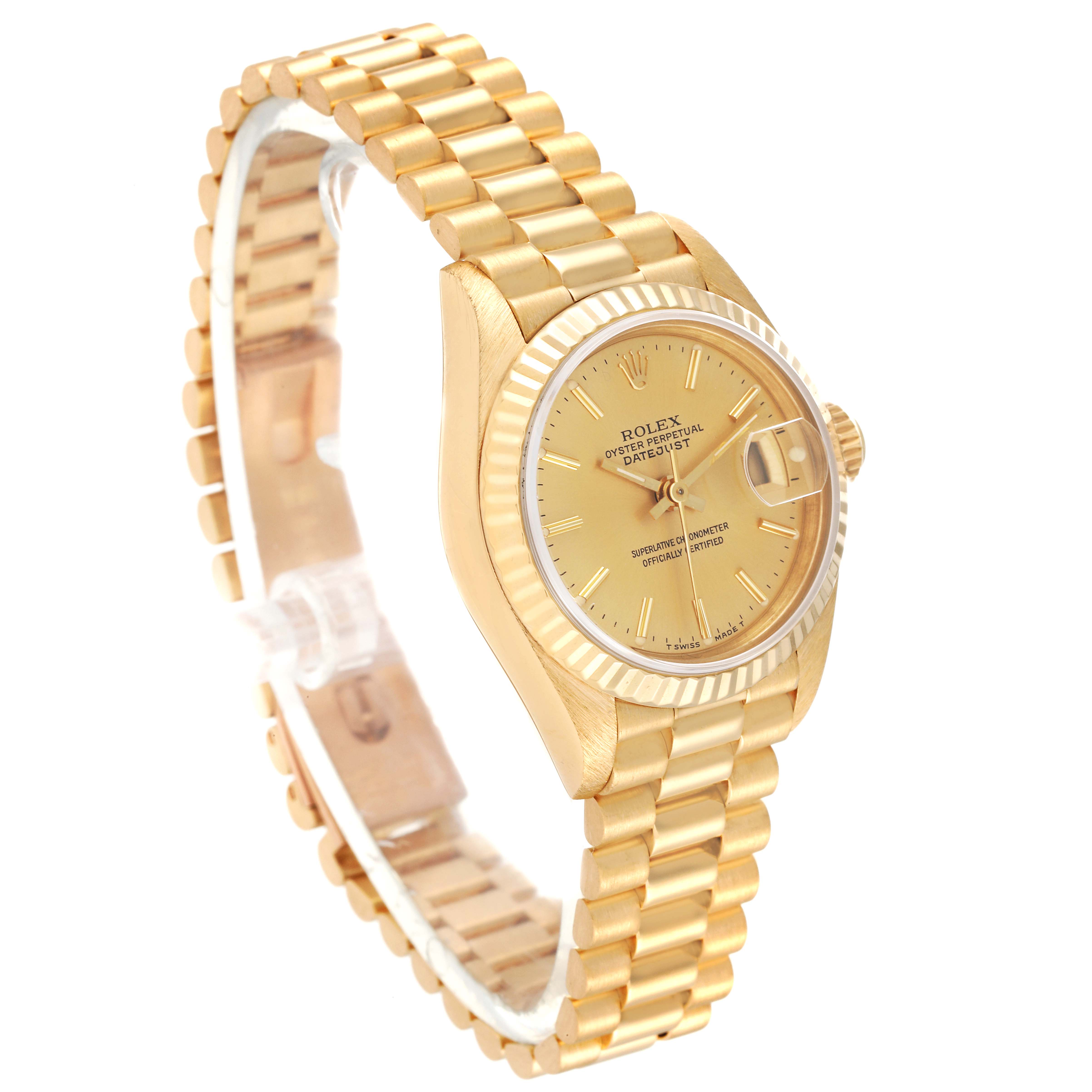 The Rolex President 69178 Women
s Yellow Gold Champagne Dial 69178 Women
s Yellow Gold Champagne Dial model watch is shown at an angle highlighting its gold band, bezel, and dial.