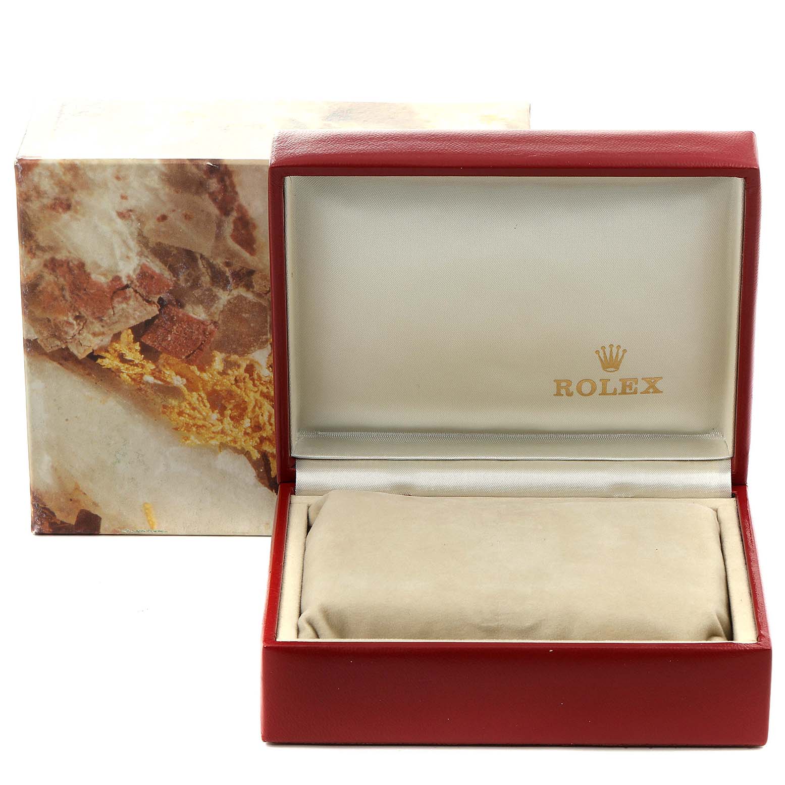 The image shows an open Rolex President 79178 Women
s Yellow Gold Champagne Dial 79178 Women
s Yellow Gold Champagne Dial model watch box, featuring the brand logo and cushion inside.