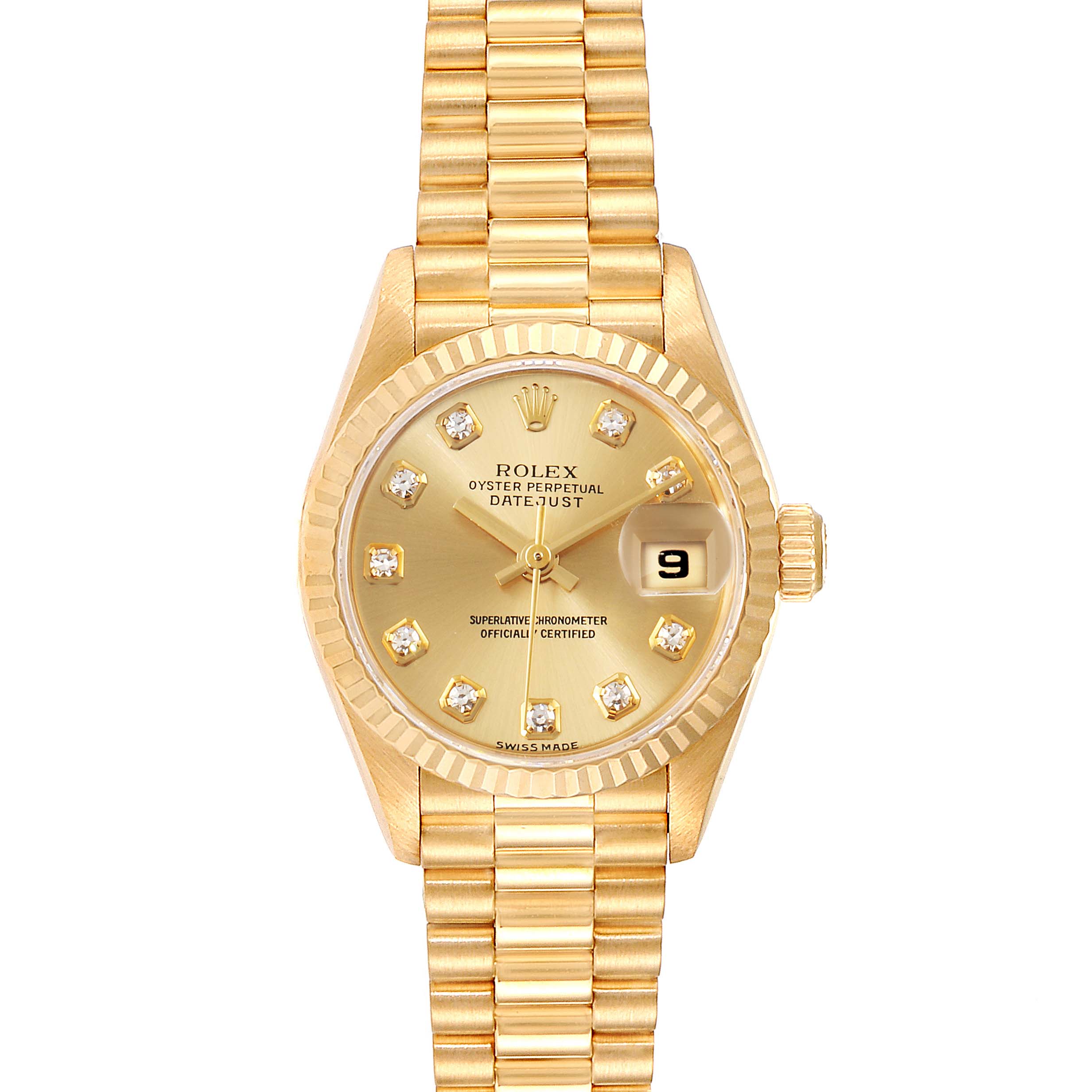 The image shows a front view of a Rolex President 79178 Women
s Yellow Gold Champagne Dial 79178 Women
s Yellow Gold Champagne Dial Oyster Perpetual Datejust with a gold dial and diamond hour markers.