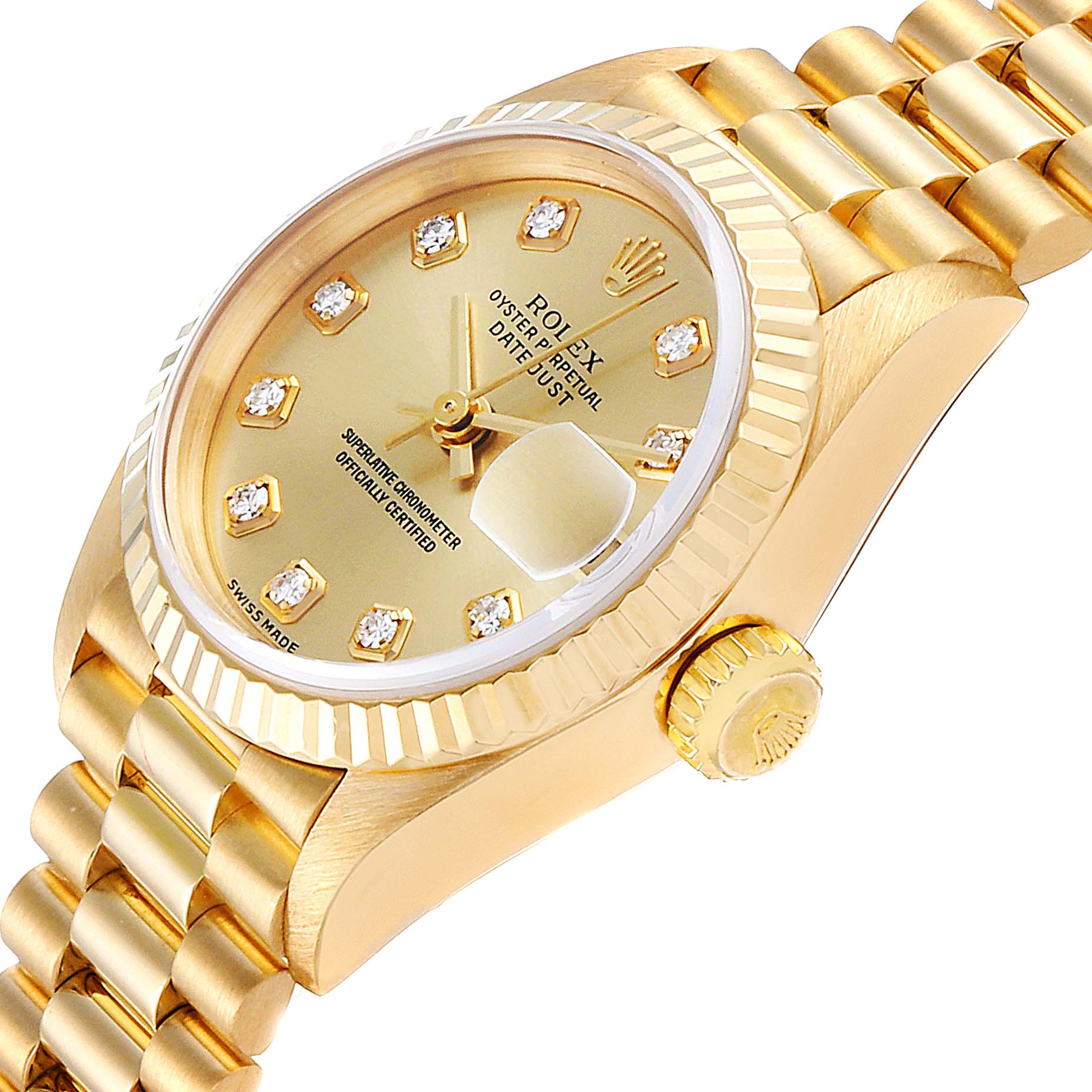 The image shows a close-up angled view of a Rolex President 79178 Women
s Yellow Gold Champagne Dial 79178 Women
s Yellow Gold Champagne Dial model watch, highlighting its dial, bezel, and bracelet.