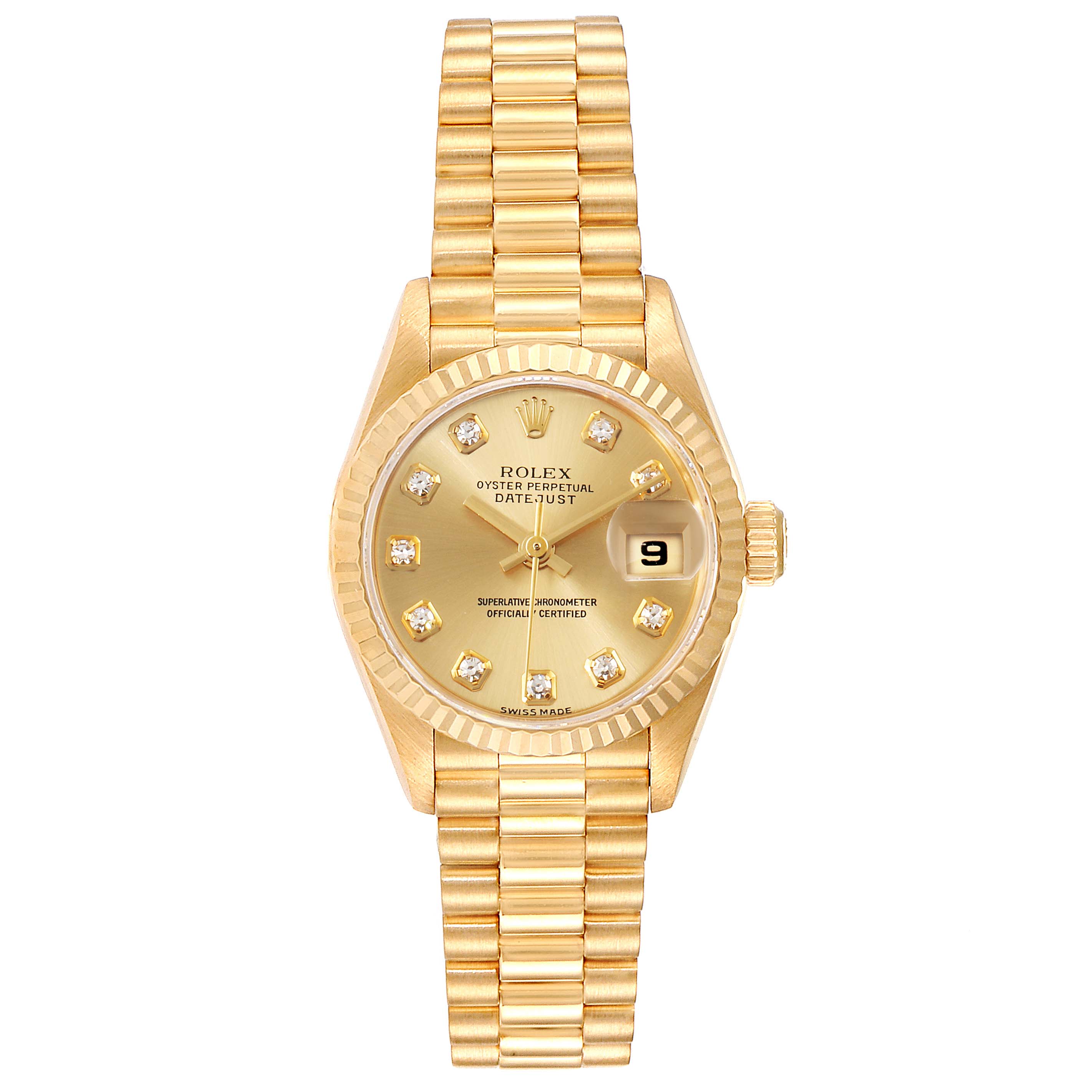 The image shows the Rolex President 79178 Women
s Yellow Gold Champagne Dial 79178 Women
s Yellow Gold Champagne Dial model watch from a top view, highlighting the bracelet, bezel, dial, and date window.