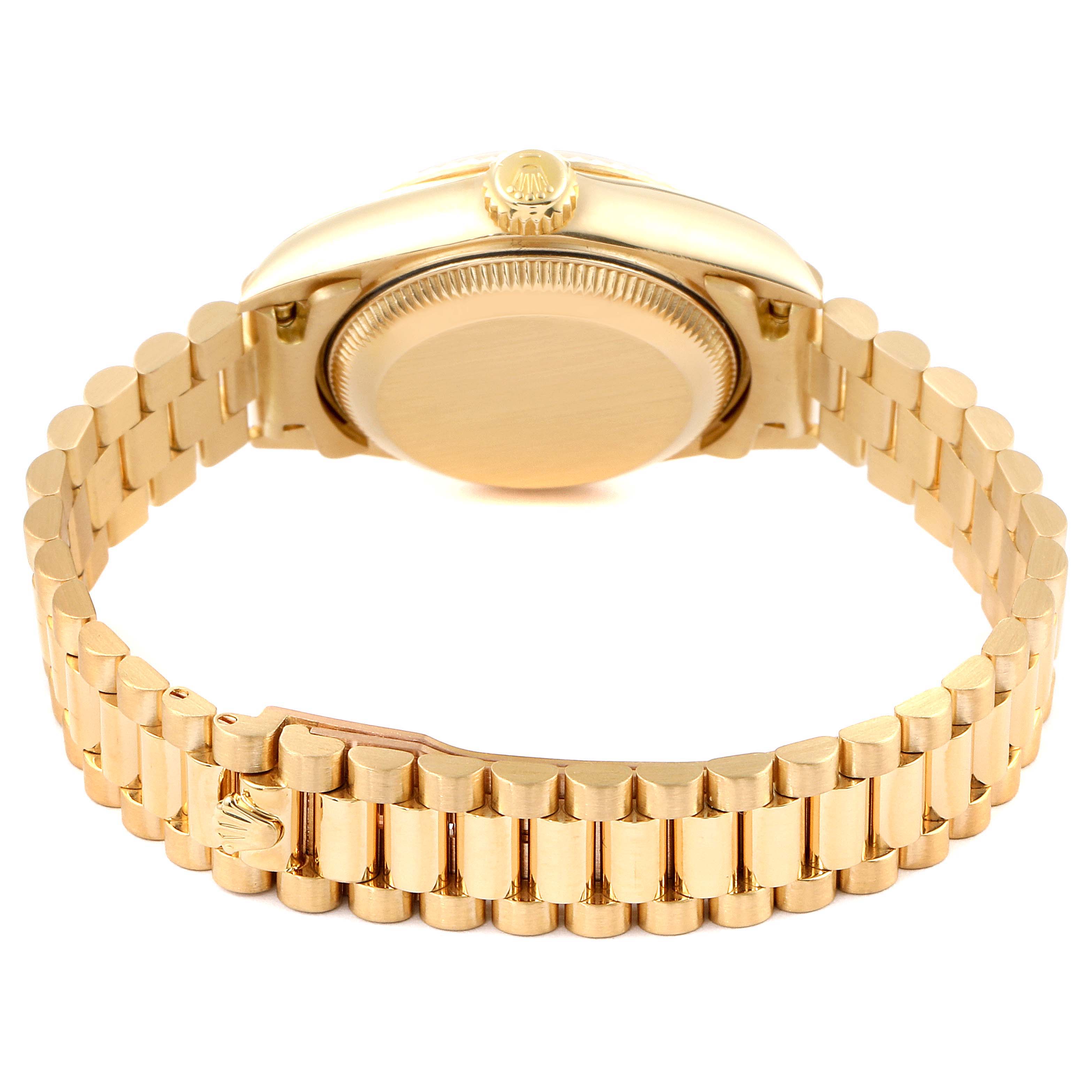 The image shows the back view of the Rolex President 79178 Women
s Yellow Gold Champagne Dial 79178 Women
s Yellow Gold Champagne Dial model watch, highlighting its gold bracelet and case back.