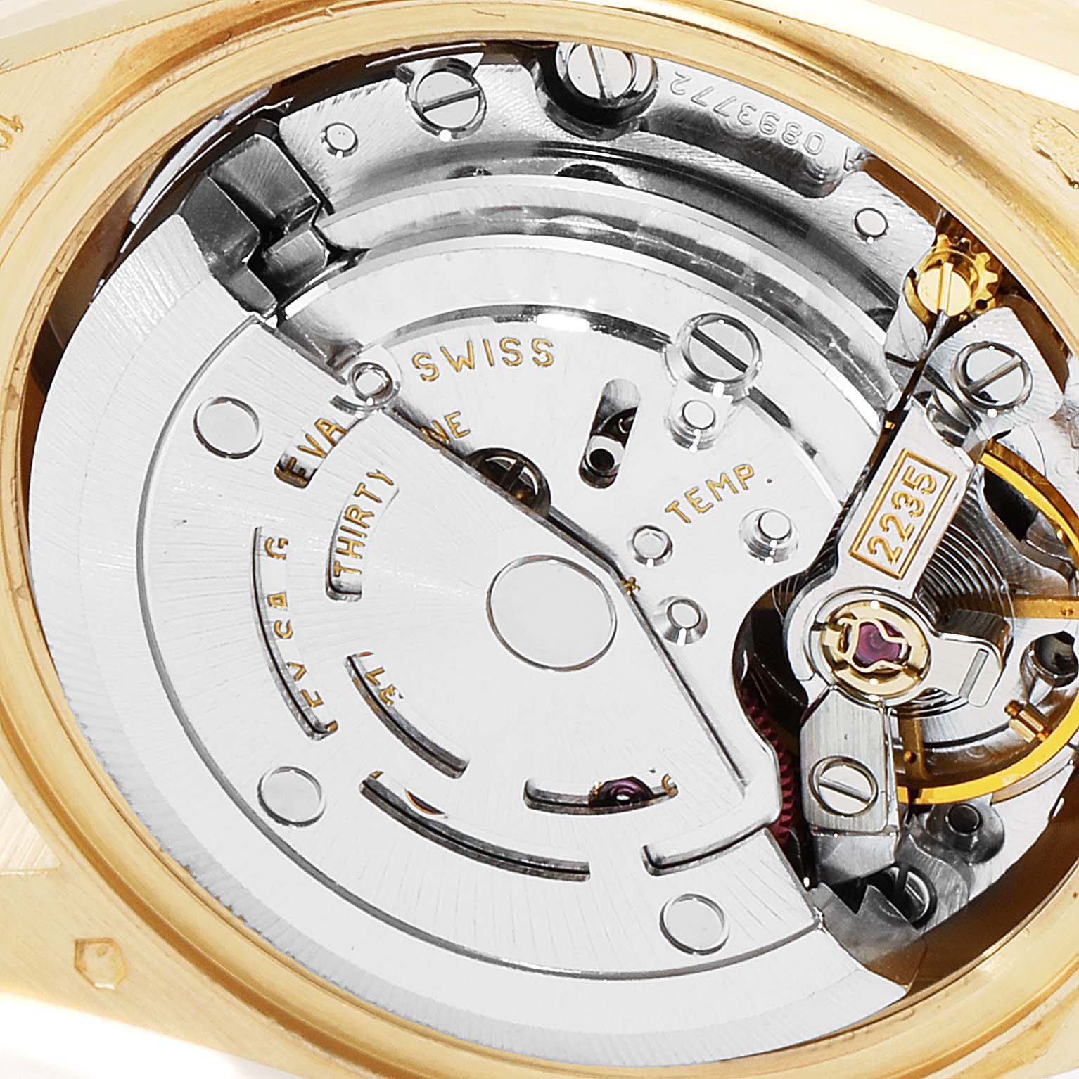 The image shows a close-up of the inner mechanical movement of a Rolex President 79178 Women
s Yellow Gold Champagne Dial 79178 Women
s Yellow Gold Champagne Dial model watch.