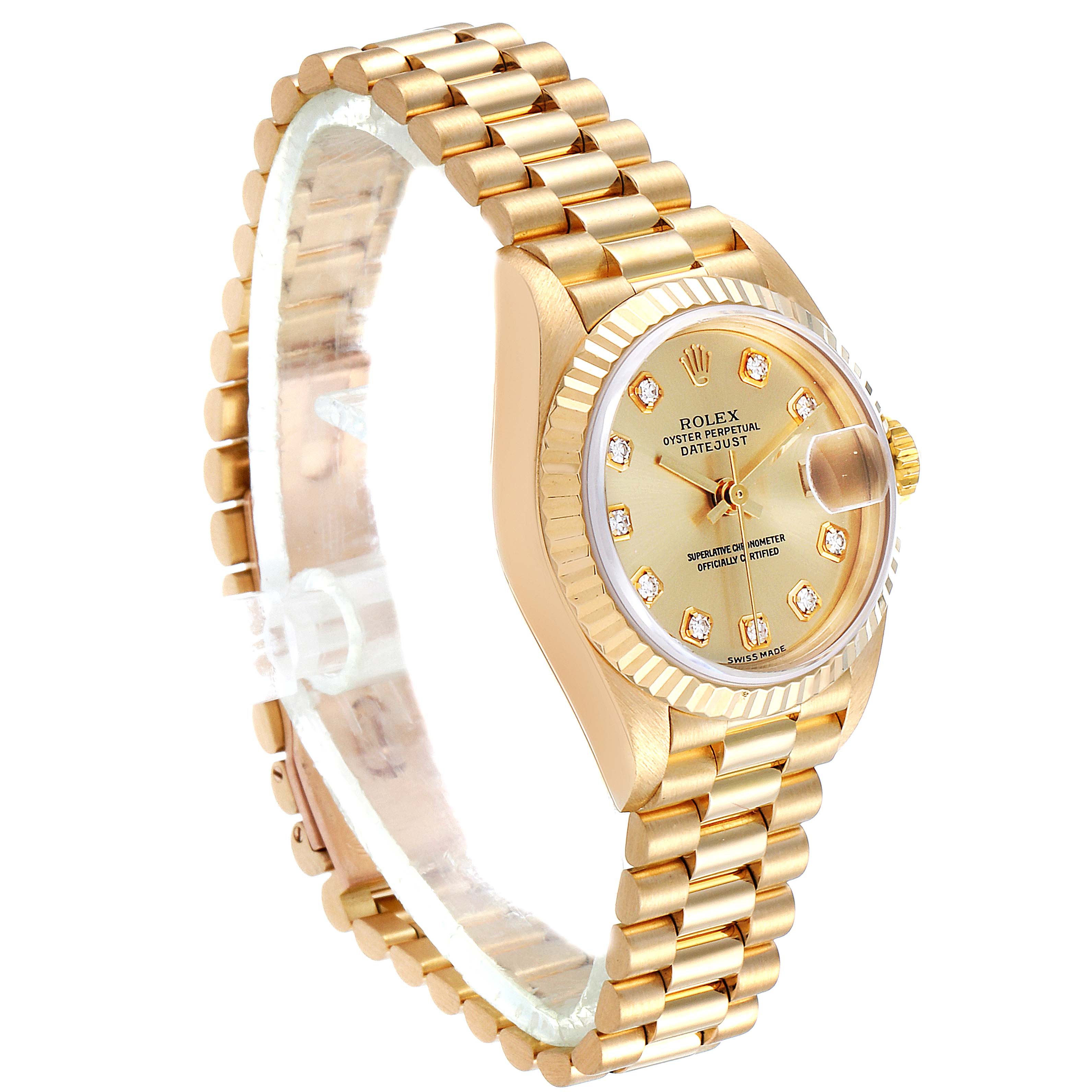 This image shows a side angle view of the Rolex President 79178 Women
s Yellow Gold Champagne Dial 79178 Women
s Yellow Gold Champagne Dial model watch, highlighting its gold bracelet, case, and diamond-set dial.