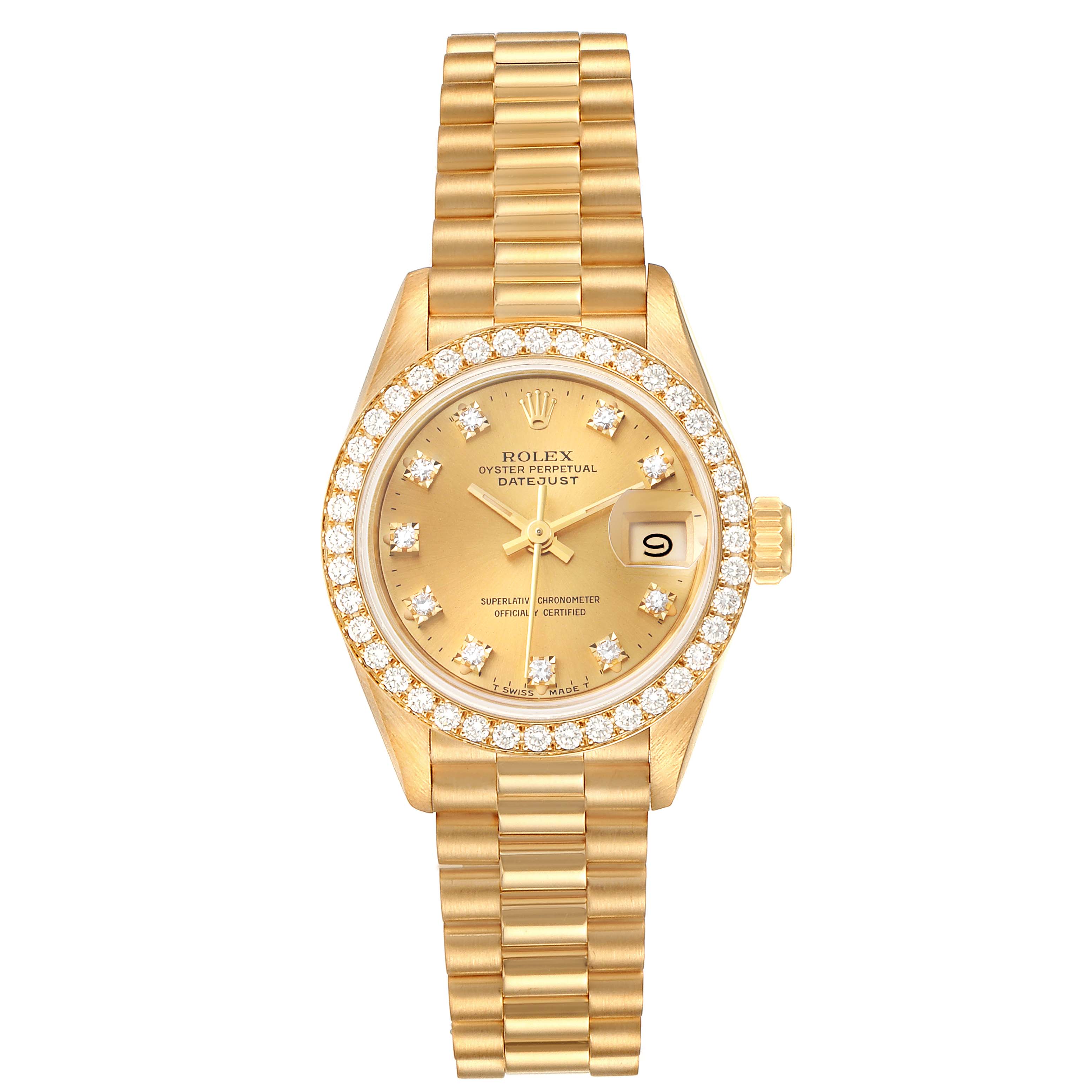 The Rolex President 69138 Women
s Yellow Gold Champagne Dial 69138 Women
s Yellow Gold Champagne Dial model is shown from a top-down angle, revealing the watch face, bracelet, and bezel.