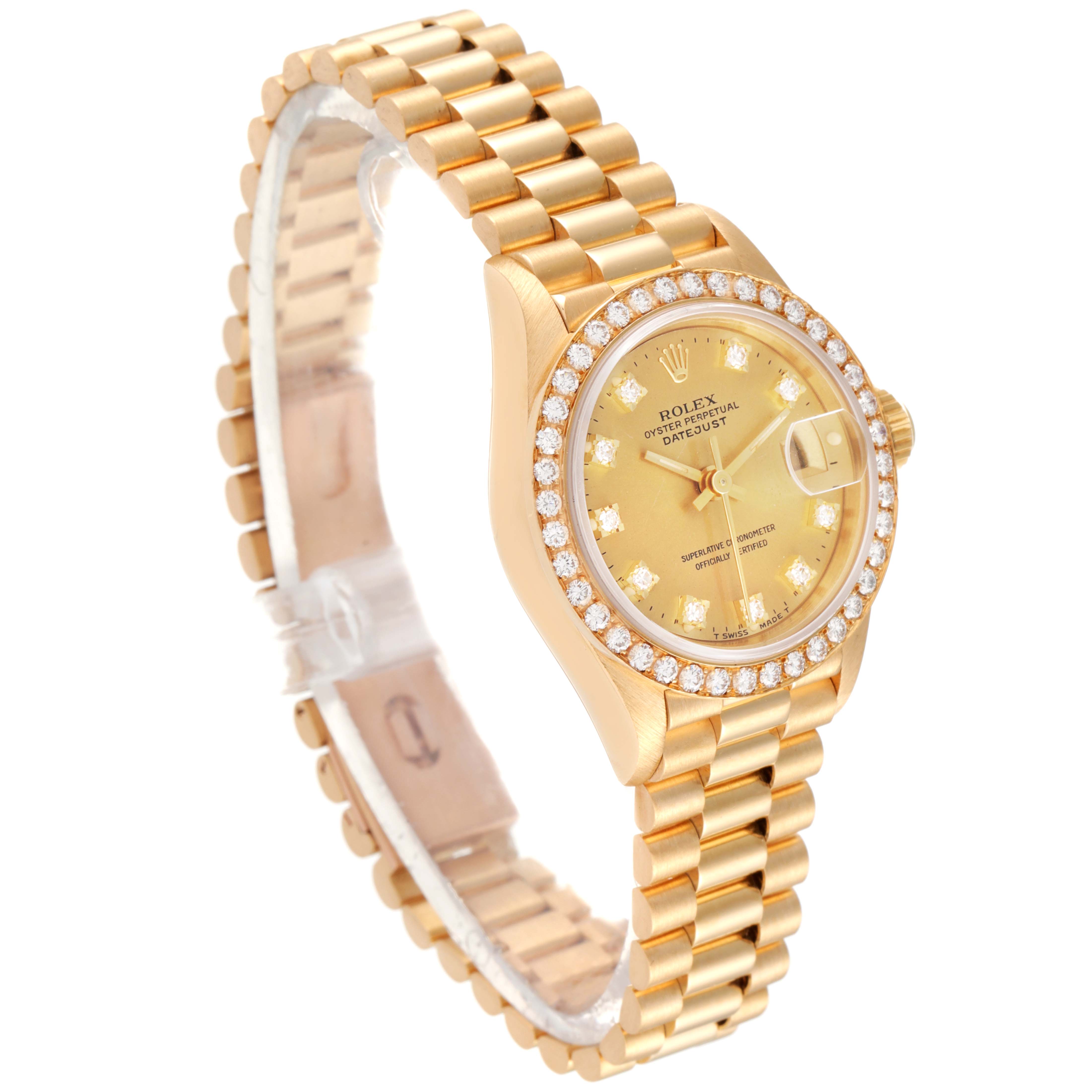 The image shows a gold Rolex President 69138 Women
s Yellow Gold Champagne Dial 69138 Women
s Yellow Gold Champagne Dial watch from a three-quarter angle, highlighting the bracelet, bezel, and dial.
