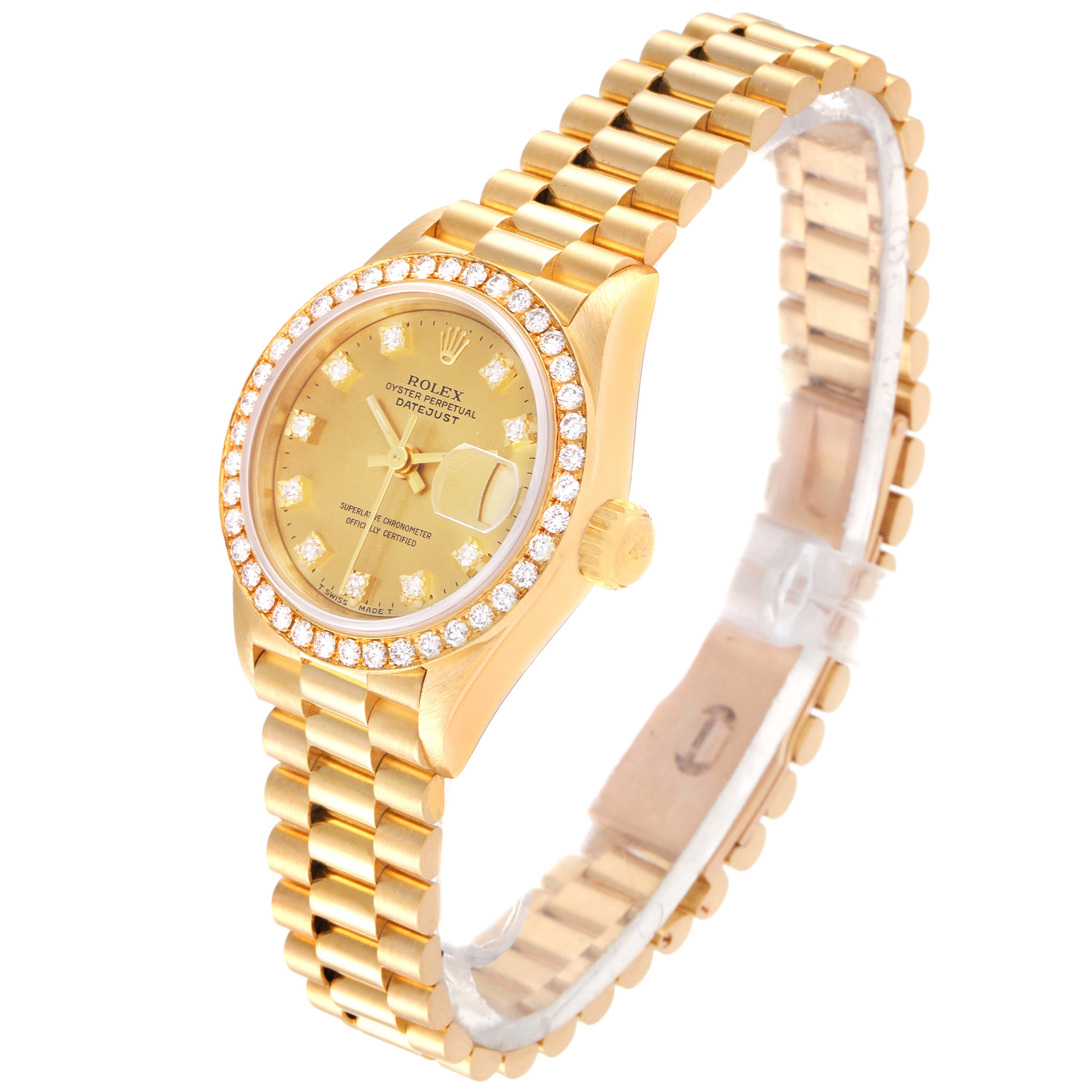The Rolex President 69138 Women
s Yellow Gold Champagne Dial 69138 Women
s Yellow Gold Champagne Dial model is shown at a three-quarter angle displaying the face, bezel, crown, and bracelet.