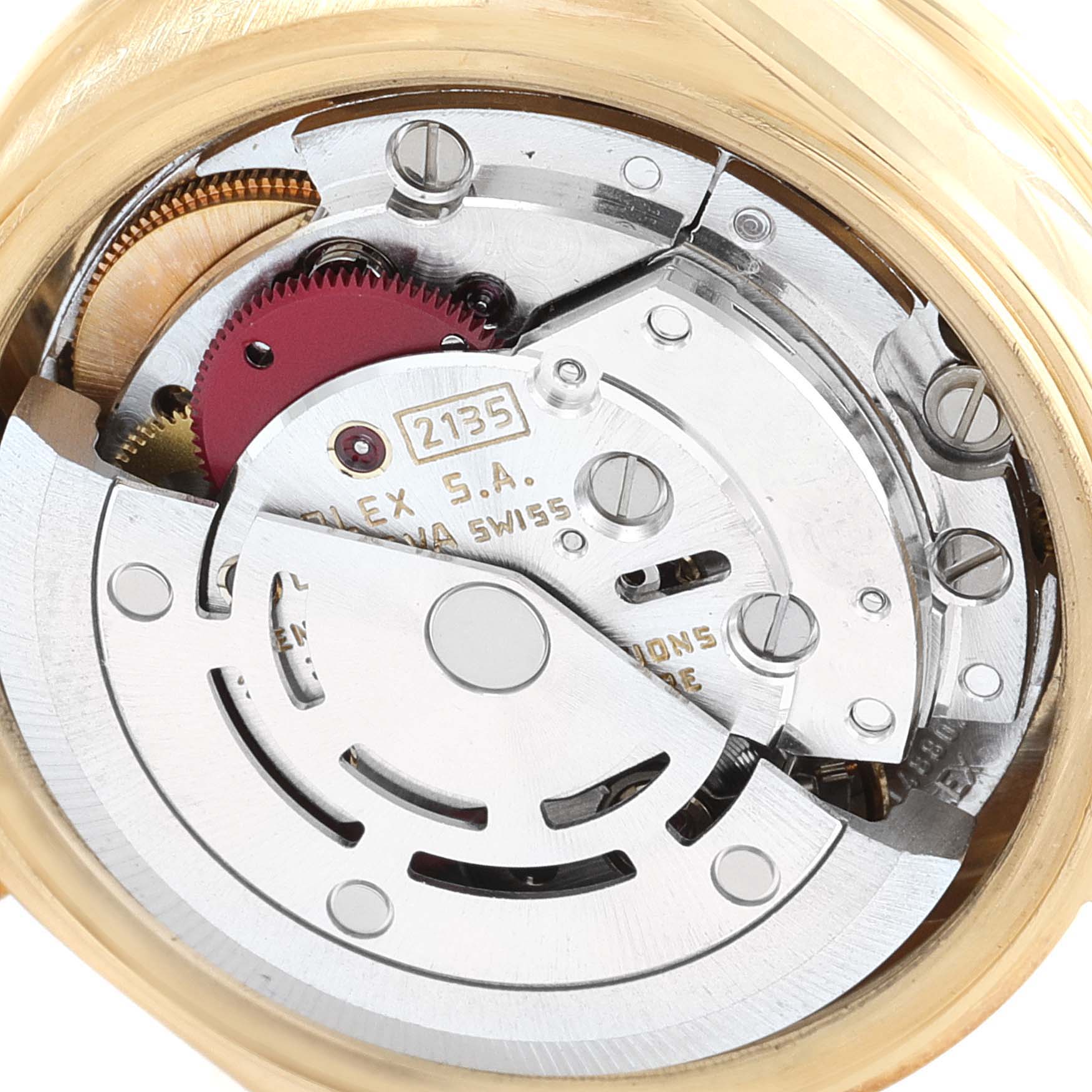 This image shows the internal movement mechanism of a Rolex President 69138 Women
s Yellow Gold Champagne Dial 69138 Women
s Yellow Gold Champagne Dial model watch, viewed from the back.