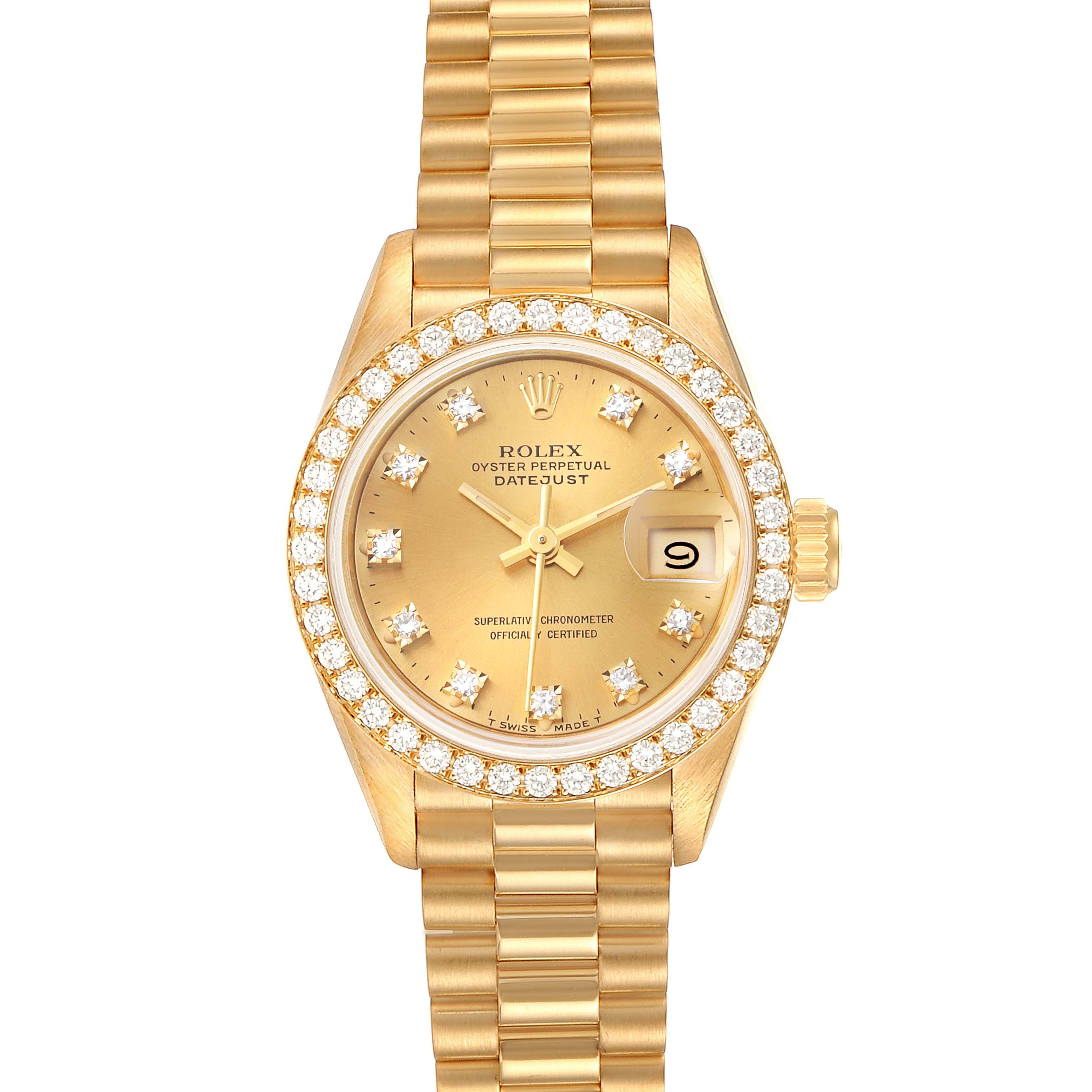This image shows a front view of the Rolex President 69138 Women
s Yellow Gold Champagne Dial 69138 Women
s Yellow Gold Champagne Dial Day-Date watch, highlighting its gold case, diamond bezel, and bracelet.