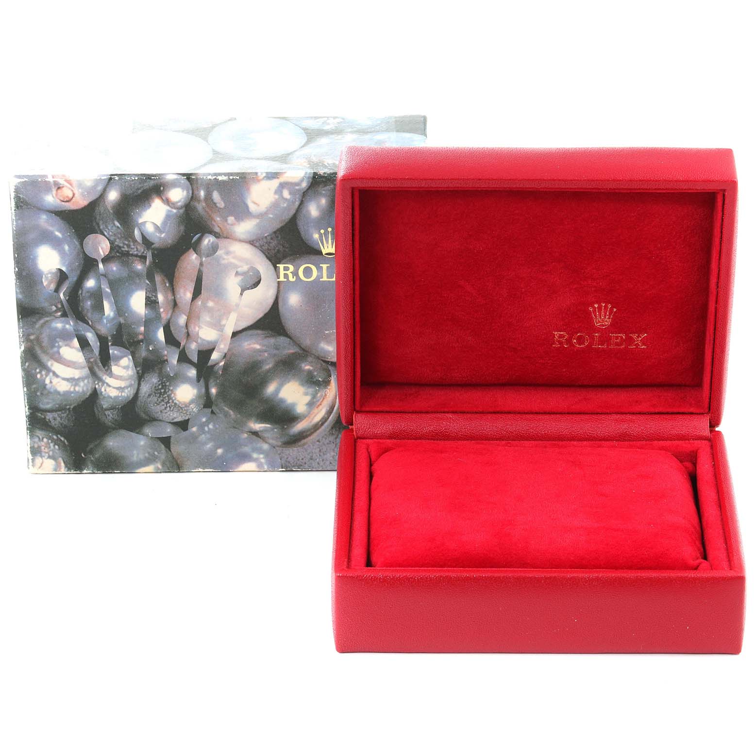 The image shows a Rolex President 69138 Women
s Yellow Gold Champagne Dial 69138 Women
s Yellow Gold Champagne Dial model watch box, featuring a red interior and exterior with the Rolex logo inside.