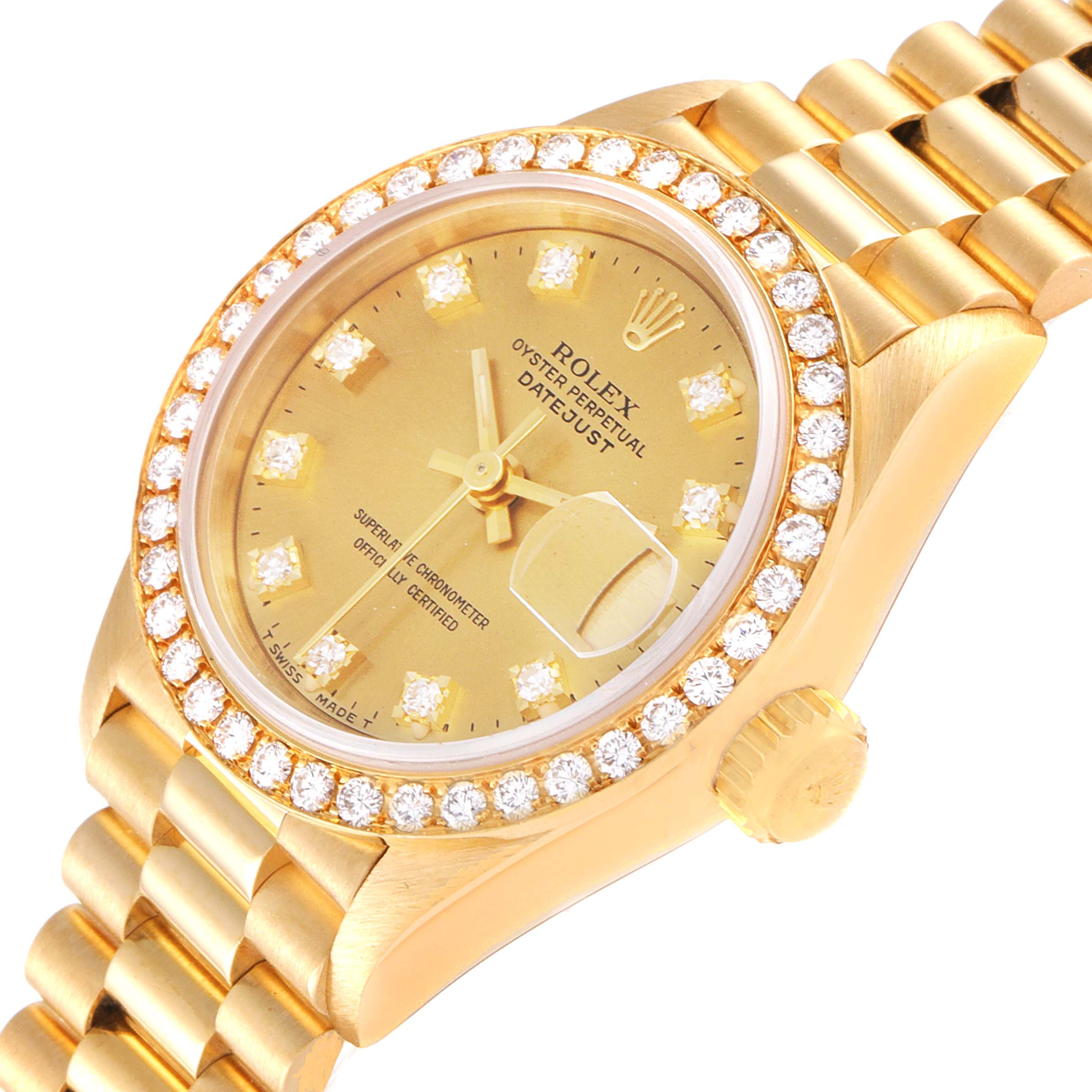 The image shows a Rolex President 69138 Women
s Yellow Gold Champagne Dial 69138 Women
s Yellow Gold Champagne Dial model watch at an angle highlighting the gold face, diamond bezel, and part of the gold bracelet.
