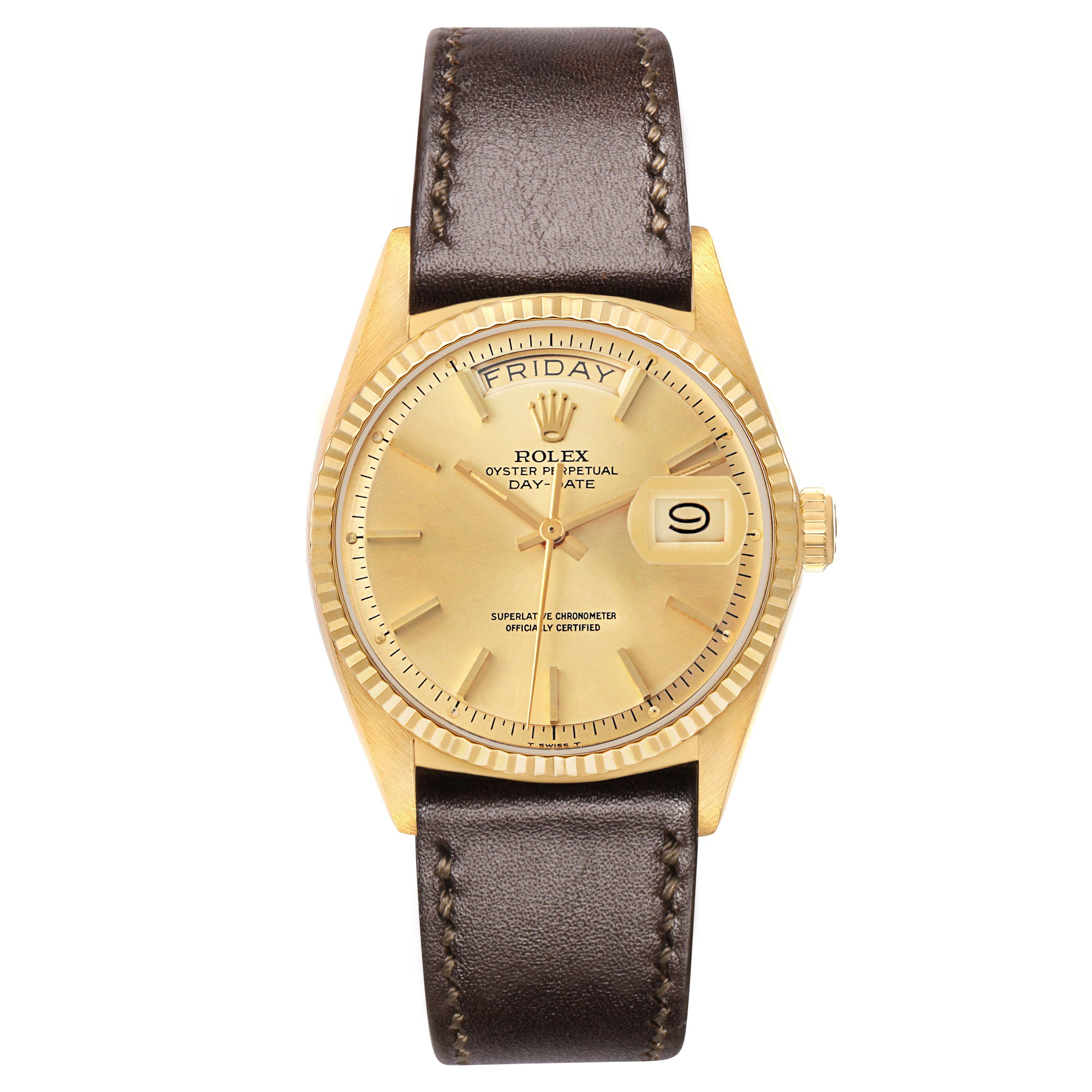 The Rolex President 18038 Men's Yellow Gold Champagne Dial model is shown from the front, featuring the dial, day-date display, and a dark leather strap.