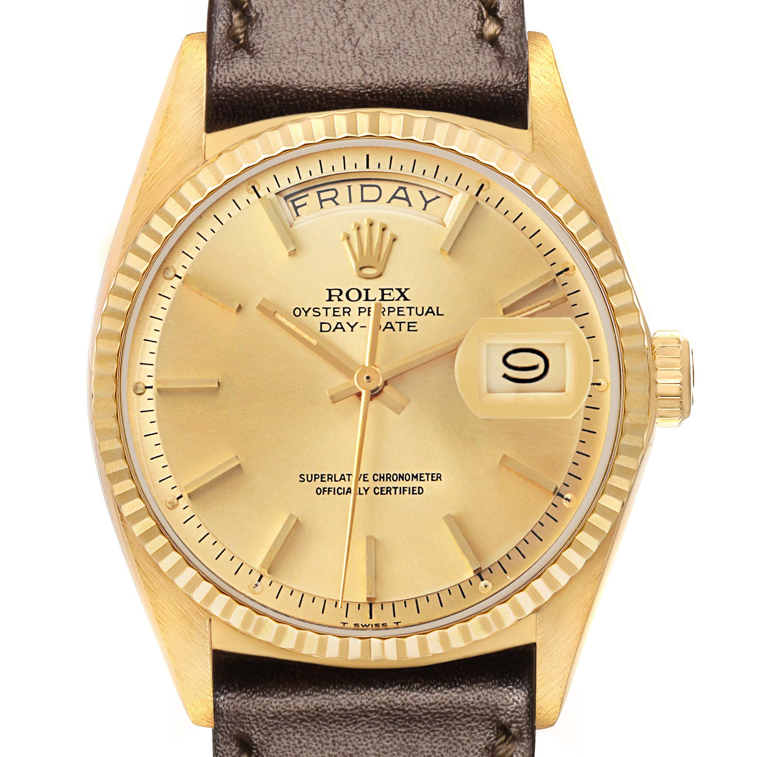 The Rolex President 18038 Men's Yellow Gold Champagne Dial watch is shown from a front angle, highlighting the dial, day-date feature, bezel, crown, and leather strap.