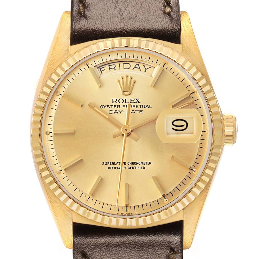 The Rolex President 18038 Men's Yellow Gold Champagne Dial watch is shown from a front angle, highlighting the dial, day-date feature, bezel, crown, and leather strap.