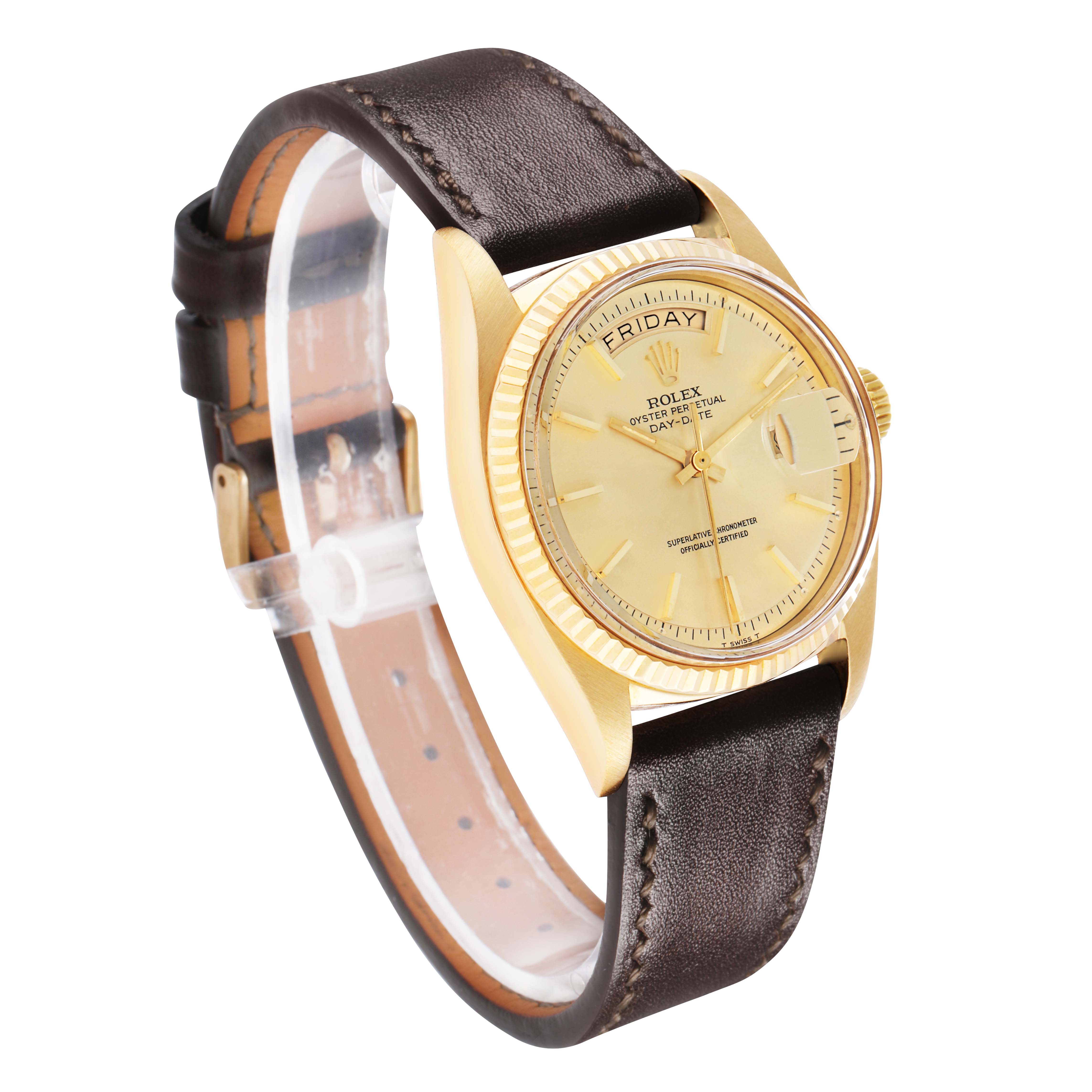 The Rolex President 18038 Men's Yellow Gold Champagne Dial model is shown from a front angle, displaying the dial, bezel, crown, and leather strap.