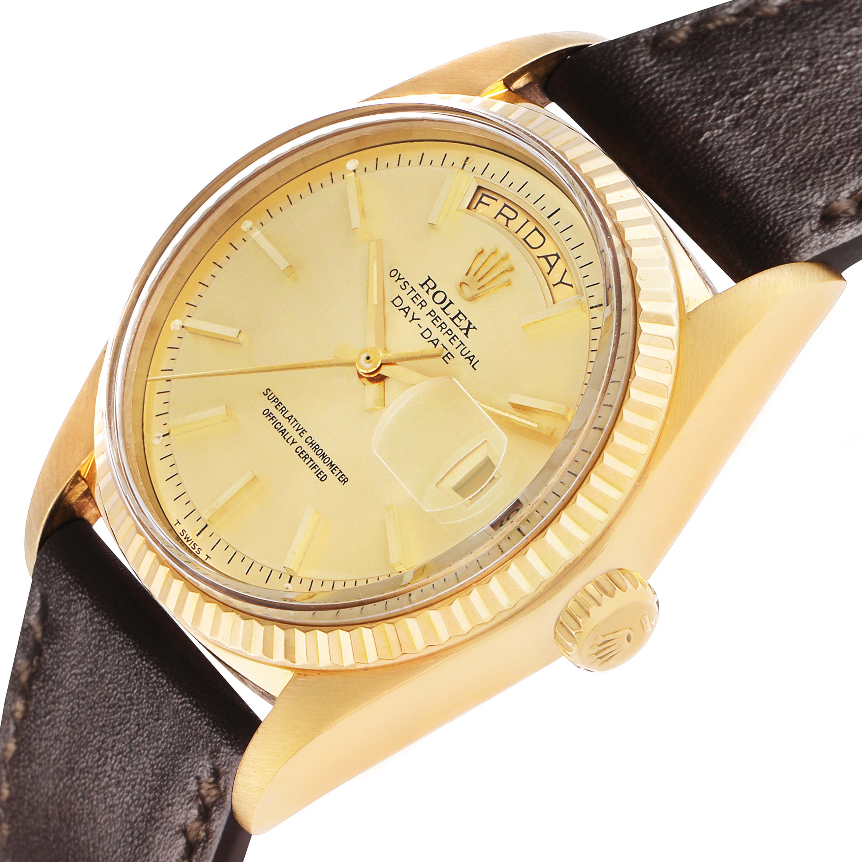 The Rolex President 18038 Men's Yellow Gold Champagne Dial model watch is shown at an angled side view, highlighting the dial, crown, and part of the strap.