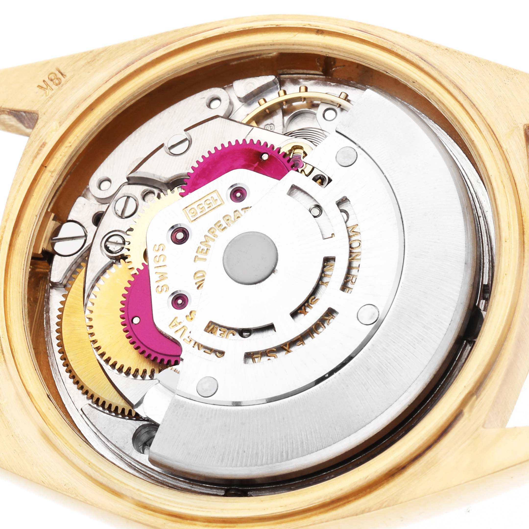The image shows the internal movement of a Rolex President 18038 Men's Yellow Gold Champagne Dial watch from a top-down angle.