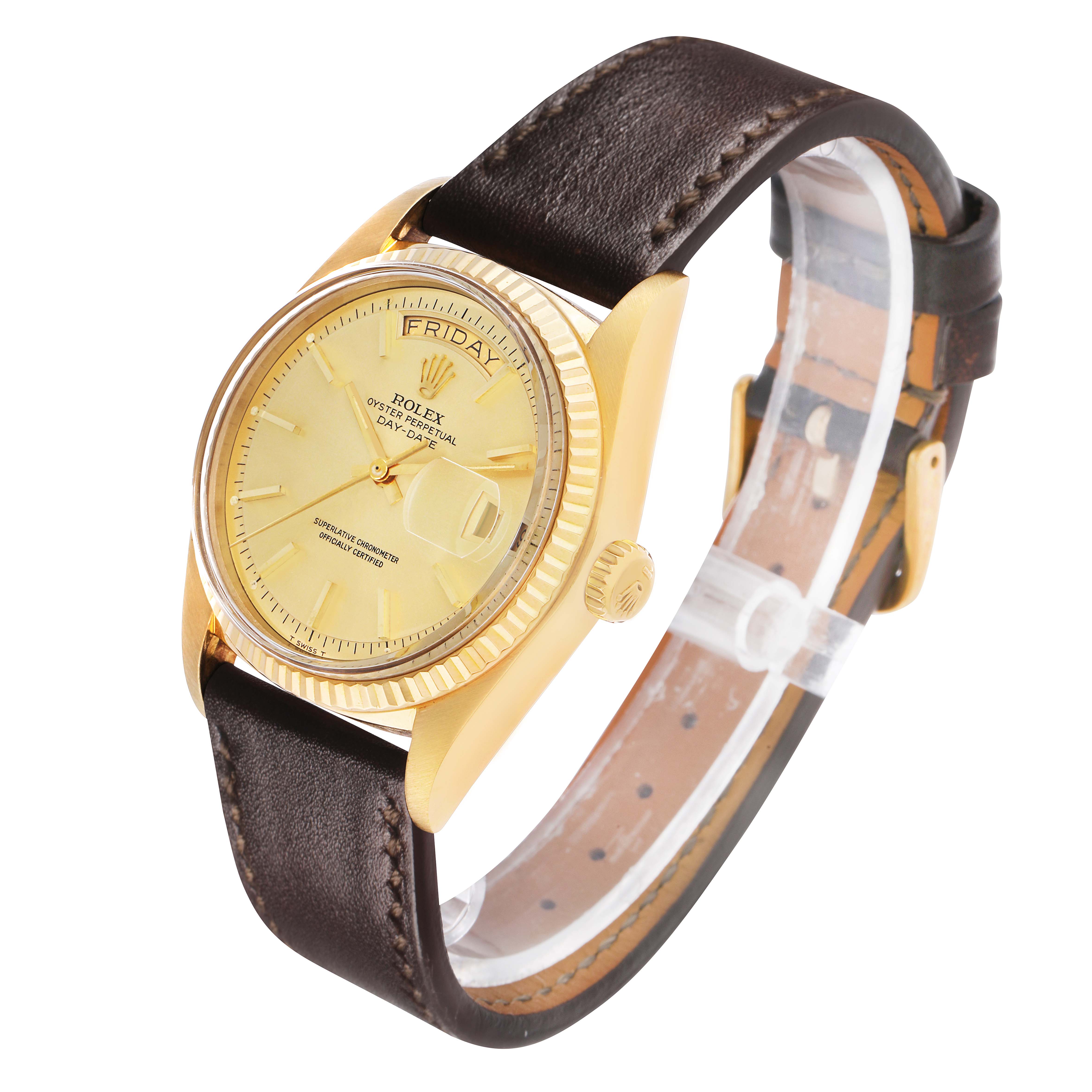 The Rolex President 18038 Men's Yellow Gold Champagne Dial model watch is shown at a three-quarter angle, highlighting the face, bezel, crown, and leather strap.