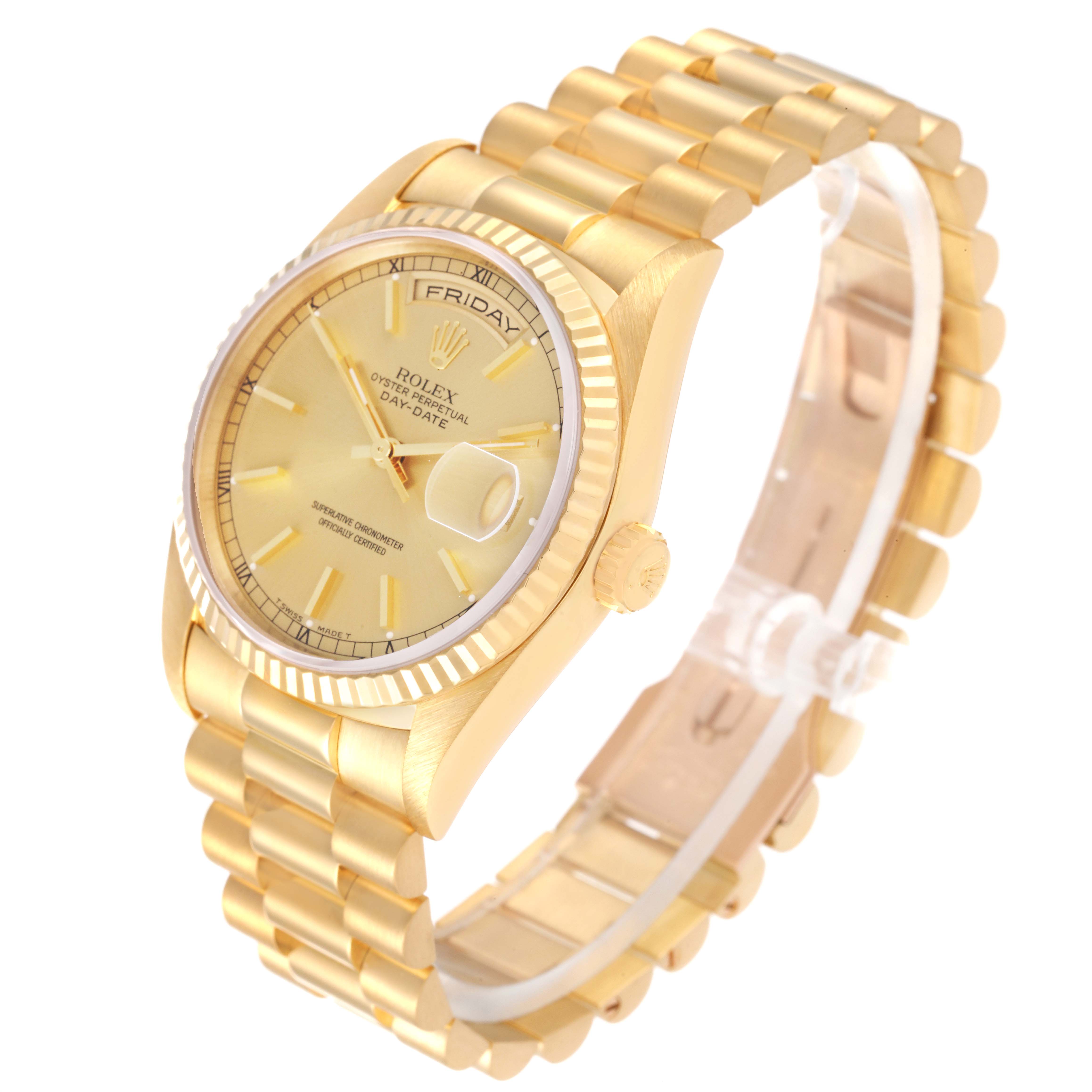 The Rolex President 18238 Men
s Yellow Gold Champagne Dial 18238 Men
s Yellow Gold Champagne Dial model watch is shown from a 3/4 angle, highlighting the bezel, dial, crown, and bracelet.
