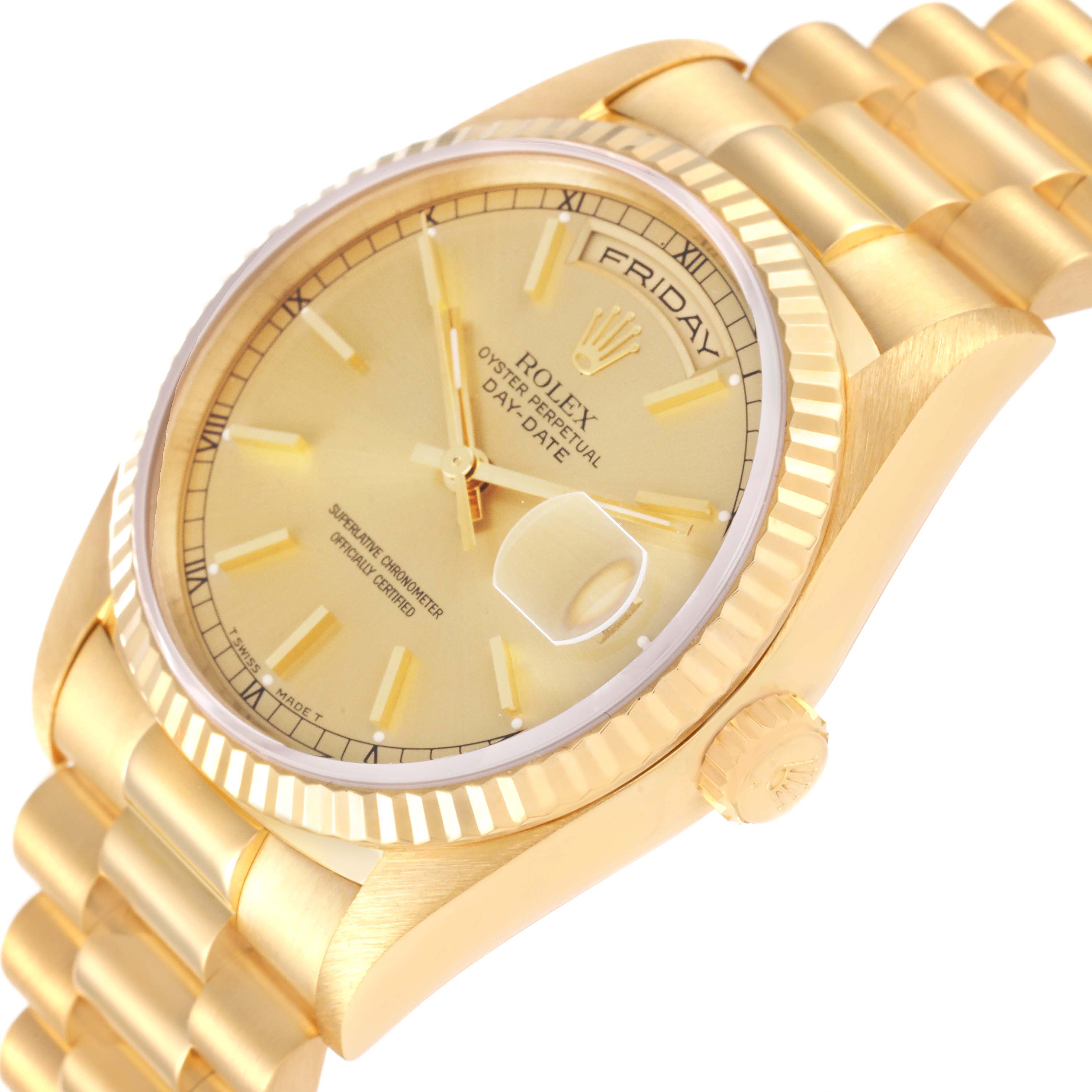 The image shows a side angle of a Rolex President 18238 Men
s Yellow Gold Champagne Dial 18238 Men
s Yellow Gold Champagne Dial model watch, featuring its gold bracelet, gold dial, and crown.