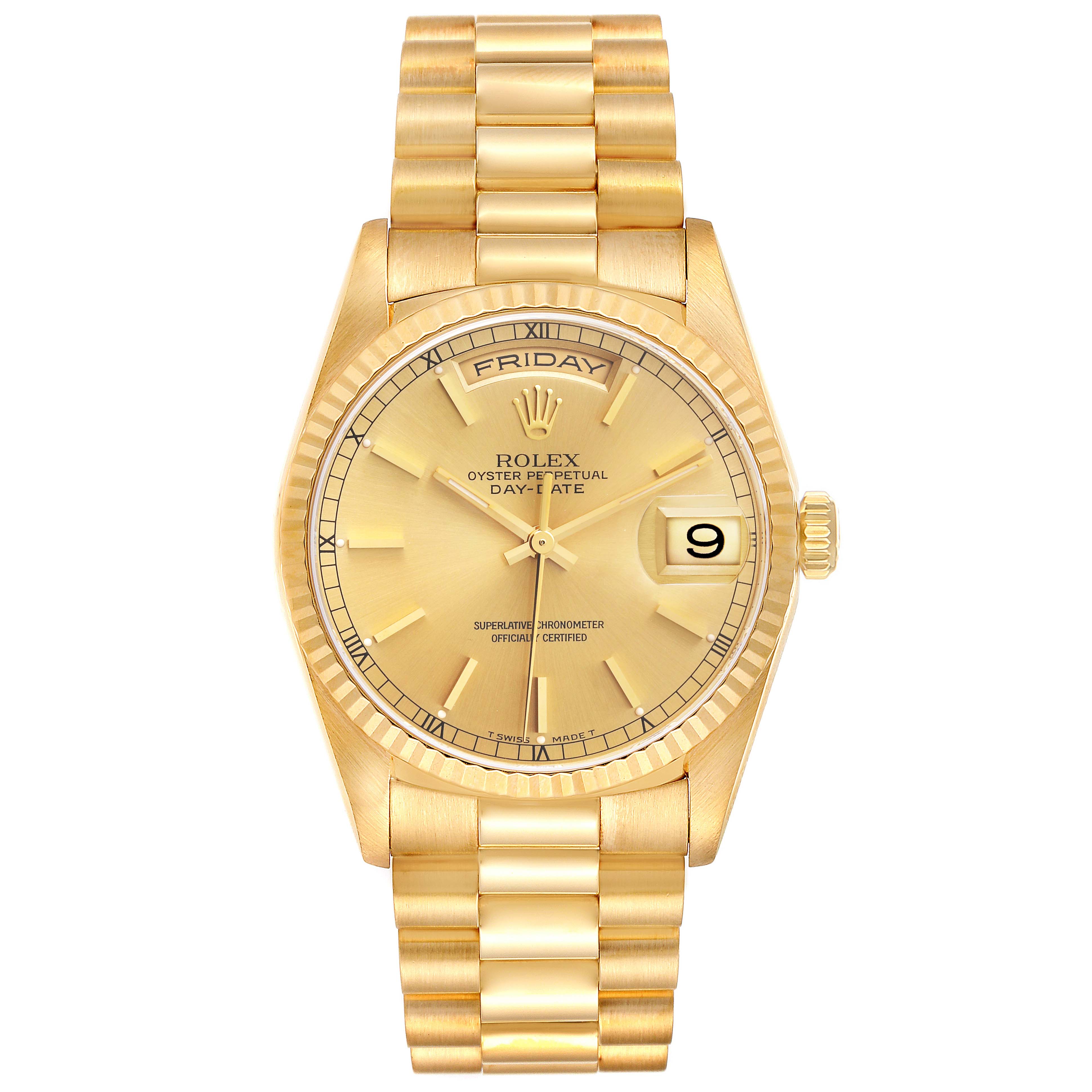 The image shows a frontal view of the Rolex President 18238 Men
s Yellow Gold Champagne Dial 18238 Men
s Yellow Gold Champagne Dial model watch, highlighting its dial, bracelet, and day-date display.