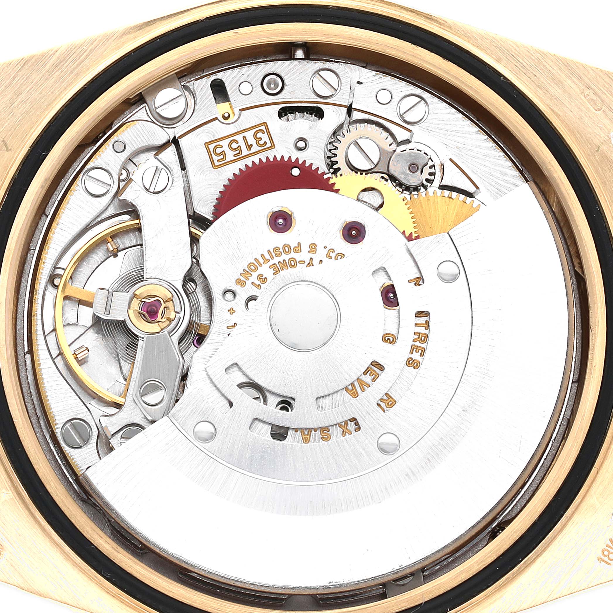The image shows an internal view of the Rolex President 18238 Men
s Yellow Gold Champagne Dial 18238 Men
s Yellow Gold Champagne Dial model, highlighting its movement and gears.