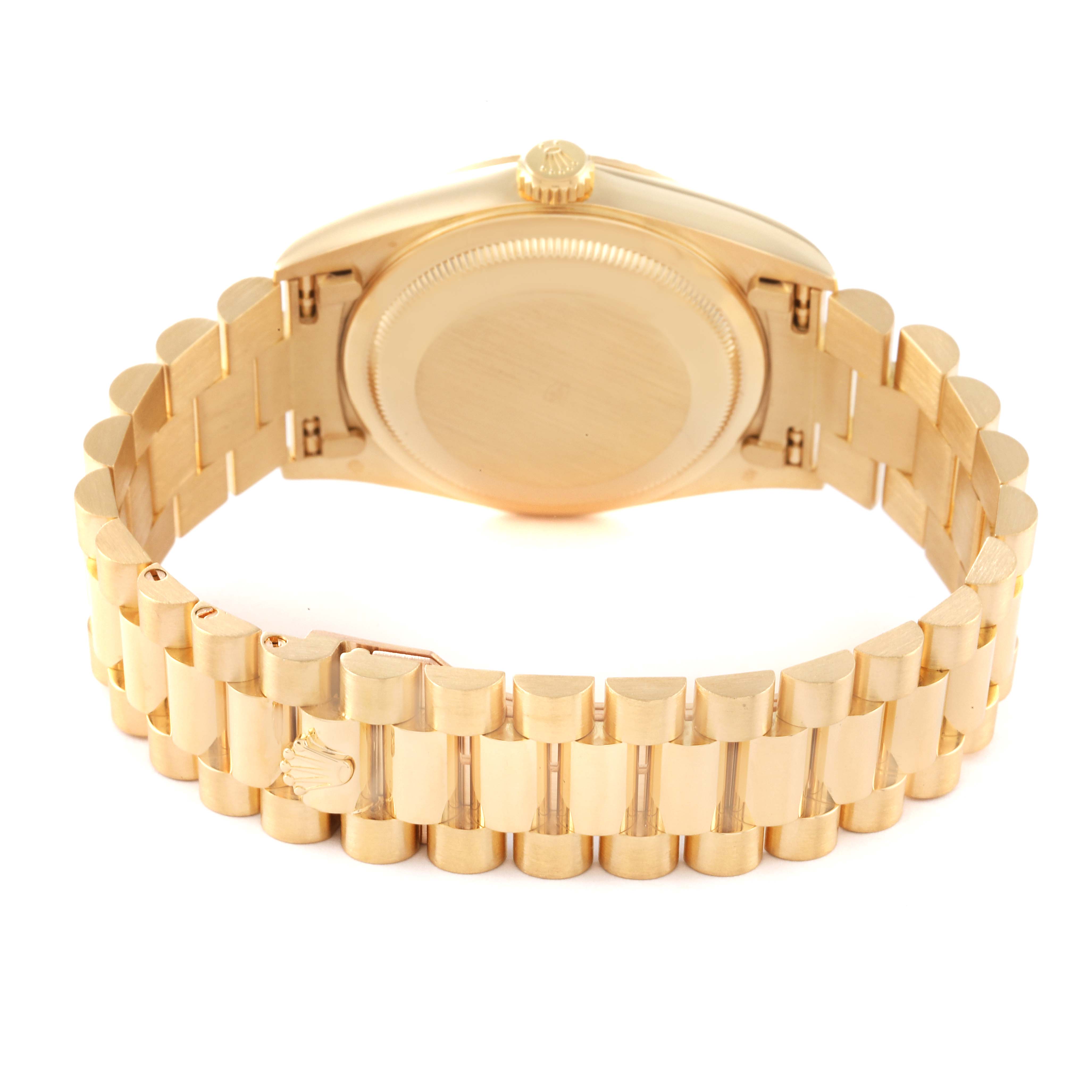 The image shows the back case and bracelet of a Rolex President 18238 Men
s Yellow Gold Champagne Dial 18238 Men
s Yellow Gold Champagne Dial model watch at a rear angle.