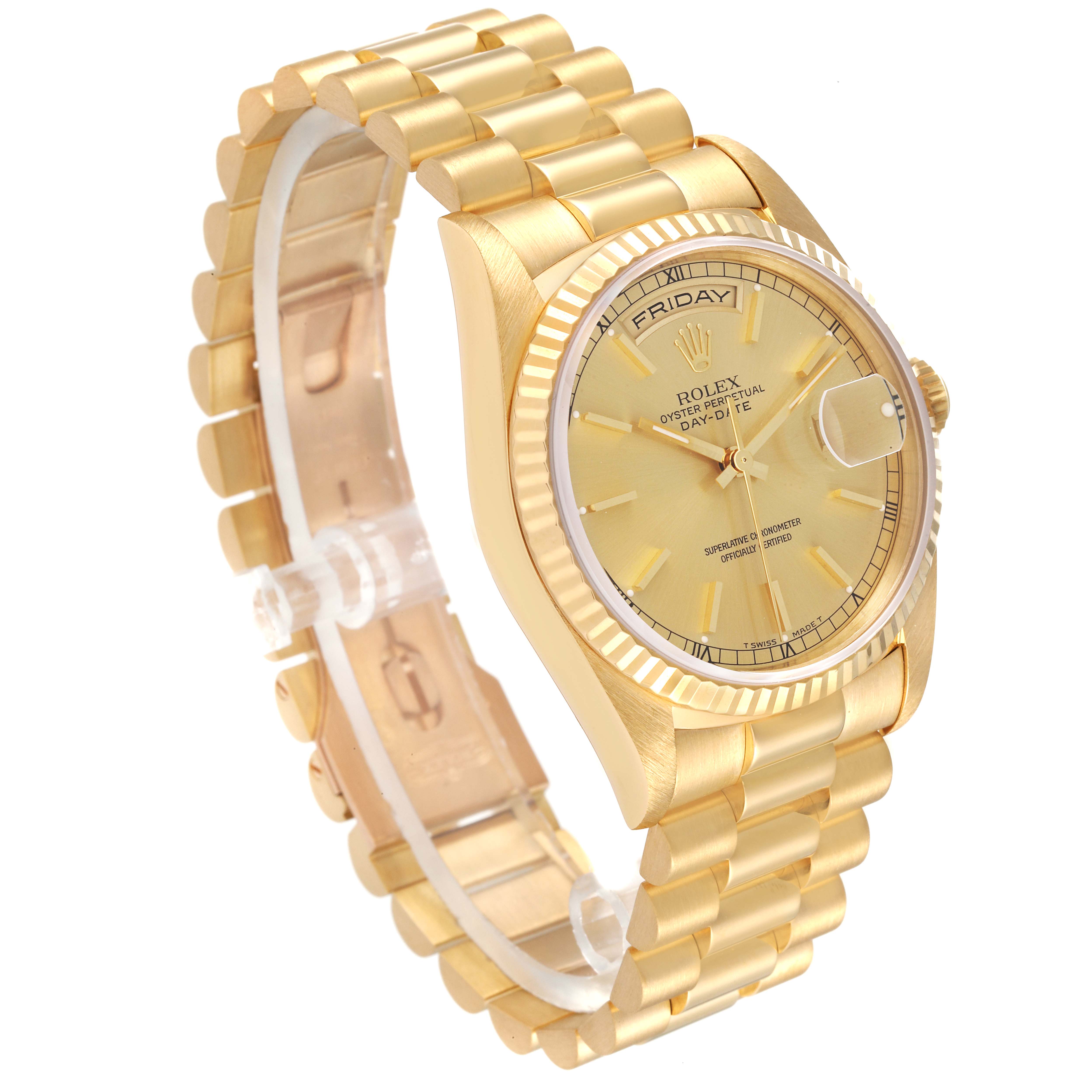 The image shows a side angle of the Rolex President 18238 Men
s Yellow Gold Champagne Dial 18238 Men
s Yellow Gold Champagne Dial model with a gold case, fluted bezel, and bracelet.