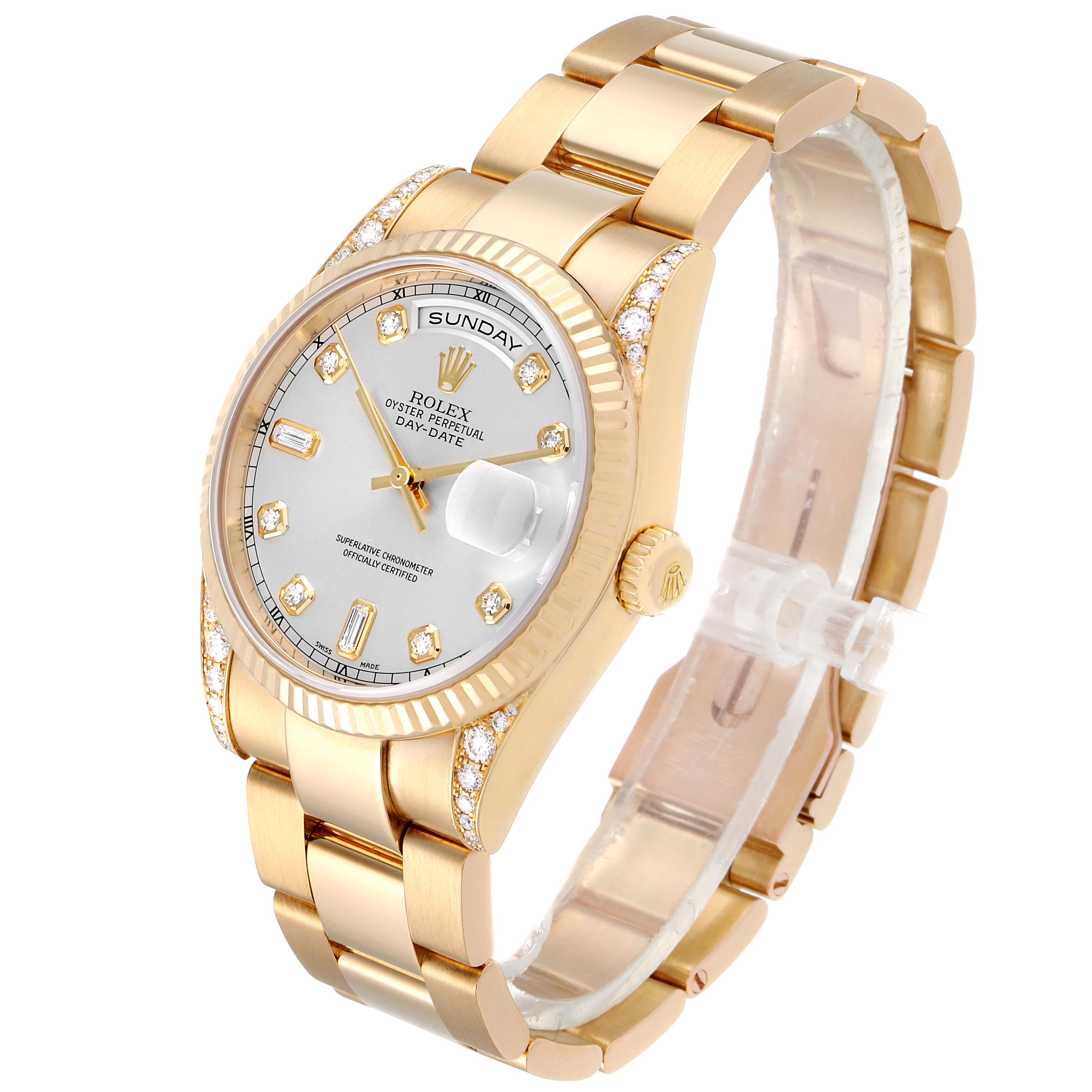 The image shows a Rolex President 118338 Men
s Yellow Gold Silver Dial 118338 Men
s Yellow Gold Silver Dial model watch at a three-quarter angle, highlighting the face, bezel, bracelet, and crown.