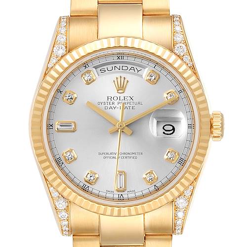 Photo of Rolex President Day Date Yellow Gold Diamond Lugs Watch 118338 Box