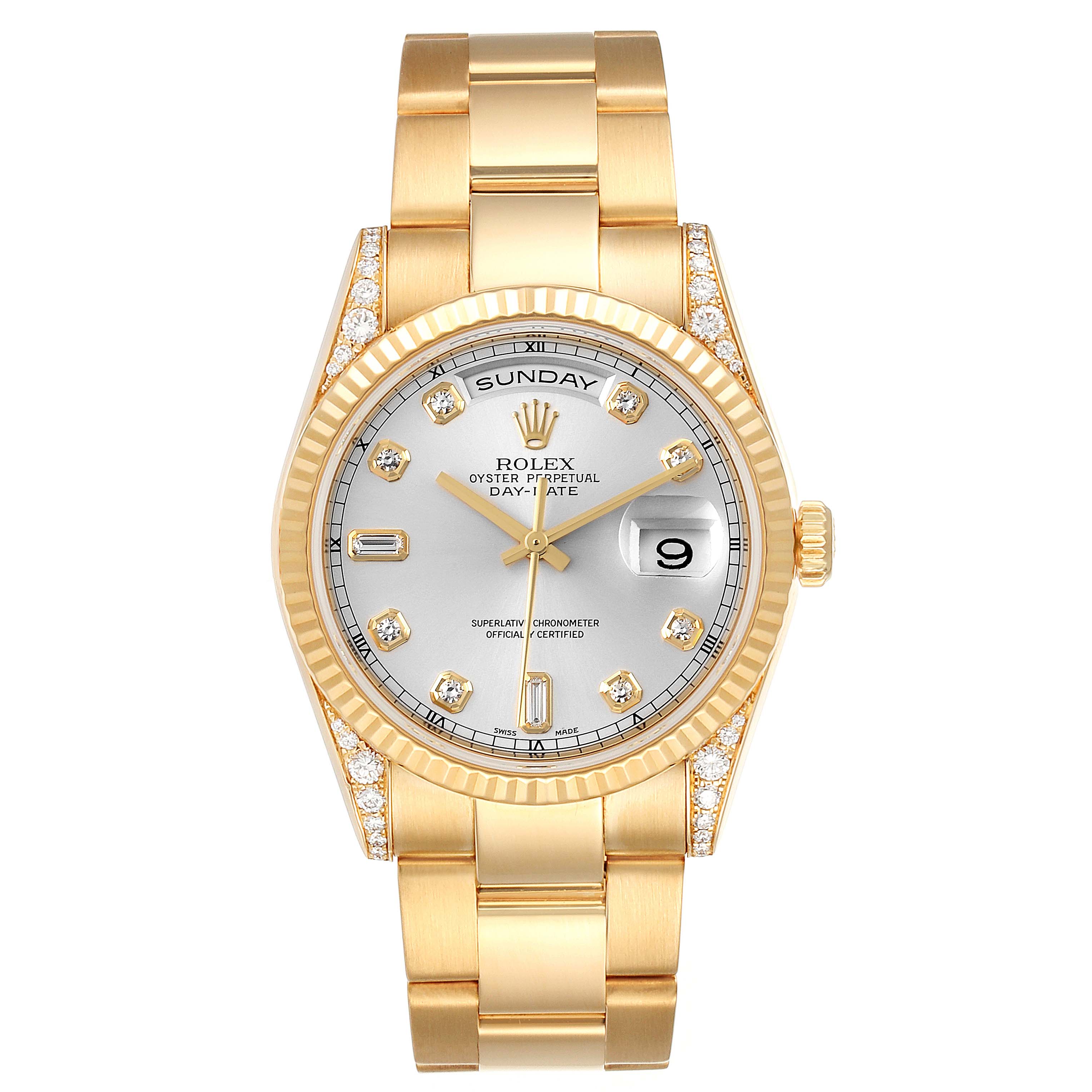 The Rolex President 118338 Men
s Yellow Gold Silver Dial 118338 Men
s Yellow Gold Silver Dial model watch is shown in a front view, displaying its full face, bracelet, and bezel.