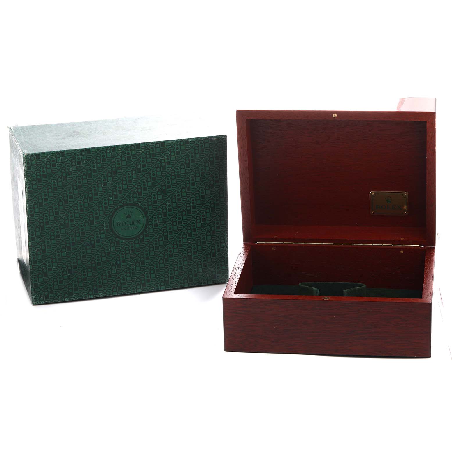 The image shows the open box and closed outer box for the Rolex President 18038 Men's Yellow Gold White Dial model watch from a front angle.