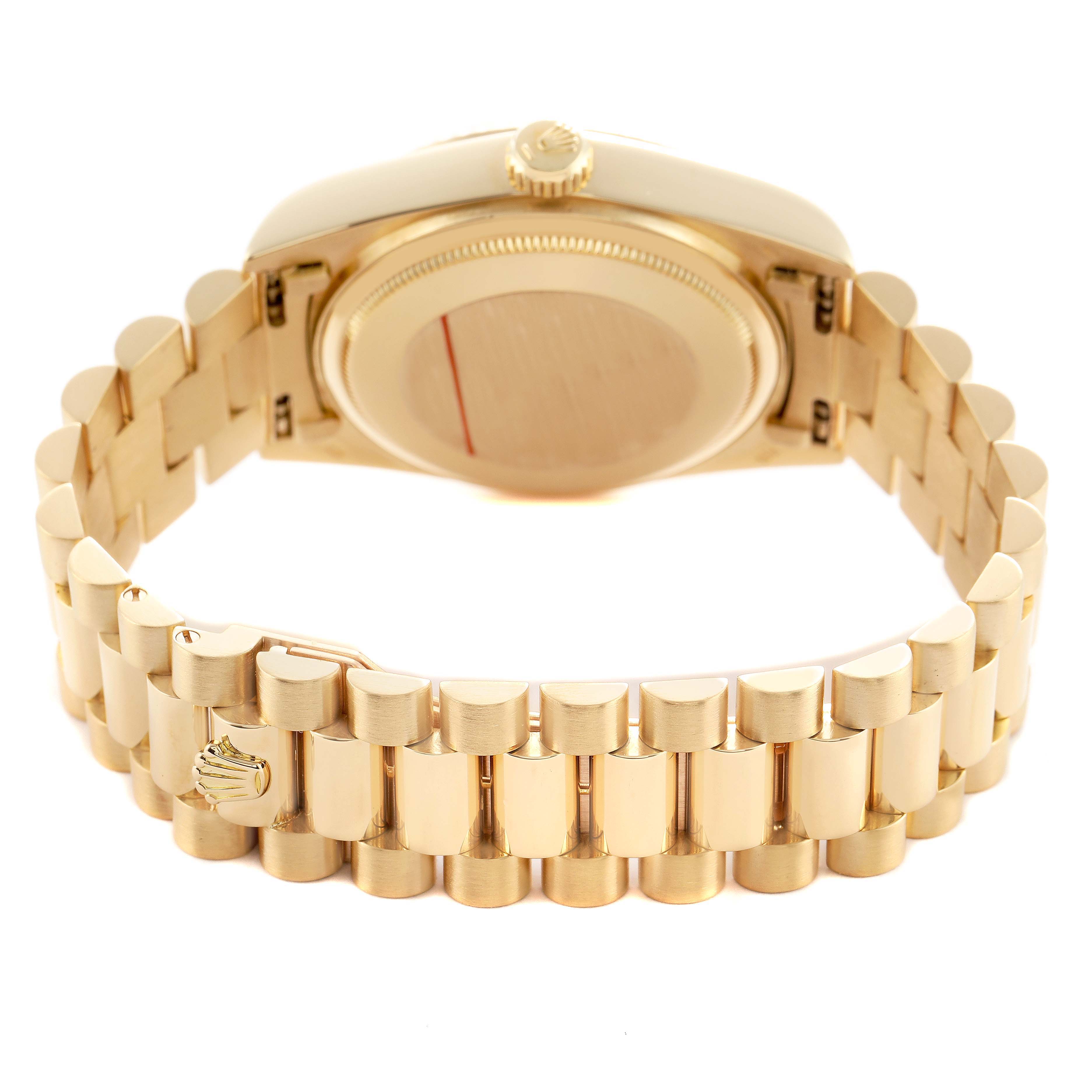 The image shows the back and side of a Rolex President 18038 Men's Yellow Gold White Dial model, highlighting the bracelet and case back.