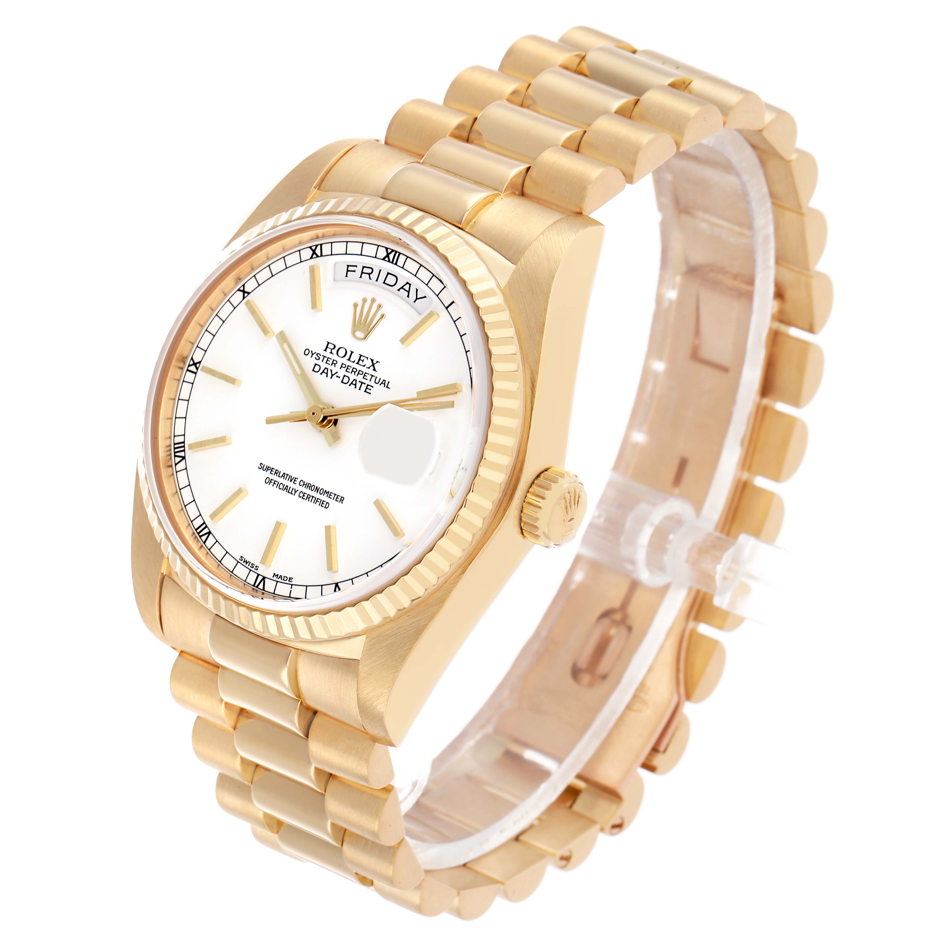 The Rolex President 18038 Men's Yellow Gold White Dial model watch is shown at a three-quarter angle, displaying the face, bezel, crown, and part of the bracelet.