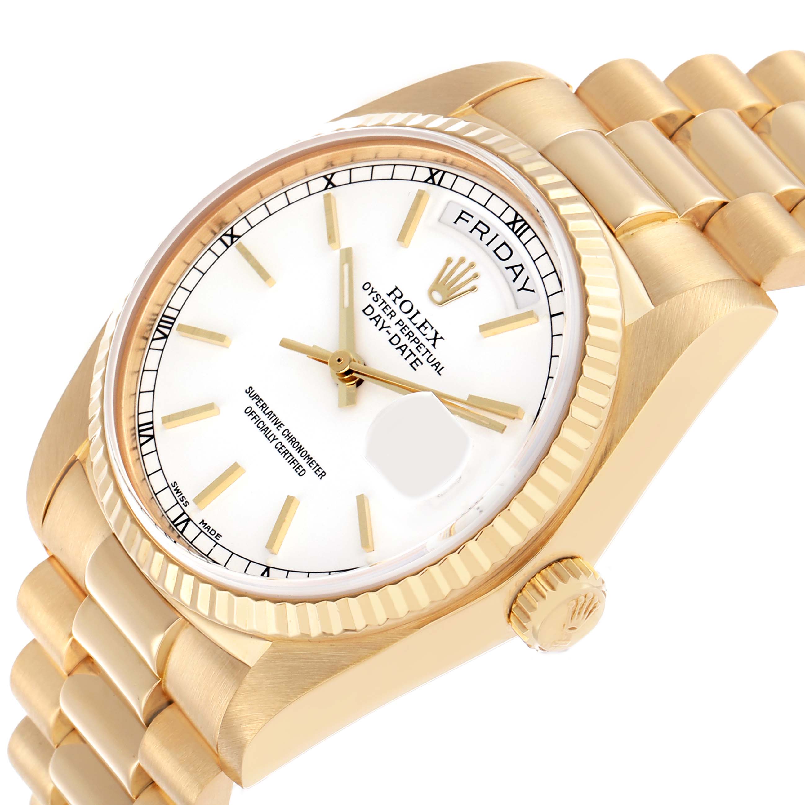 The Rolex President 18038 Men's Yellow Gold White Dial model is shown at an angled top view, highlighting its gold bracelet, fluted bezel, and white day-date dial.