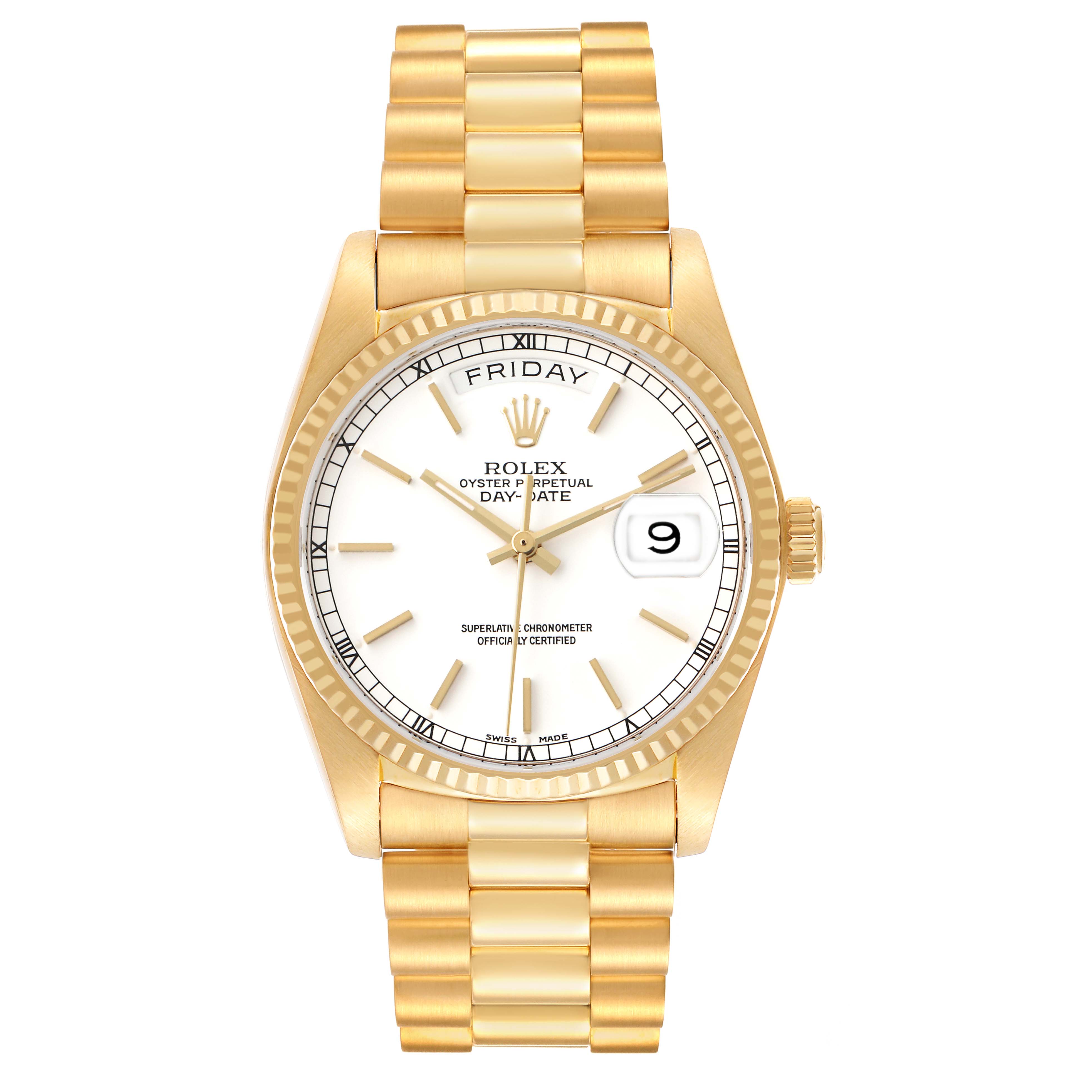 The Rolex President 18038 Men's Yellow Gold White Dial model watch is shown from the front, highlighting the gold bracelet, fluted bezel, and white dial with day and date displays.