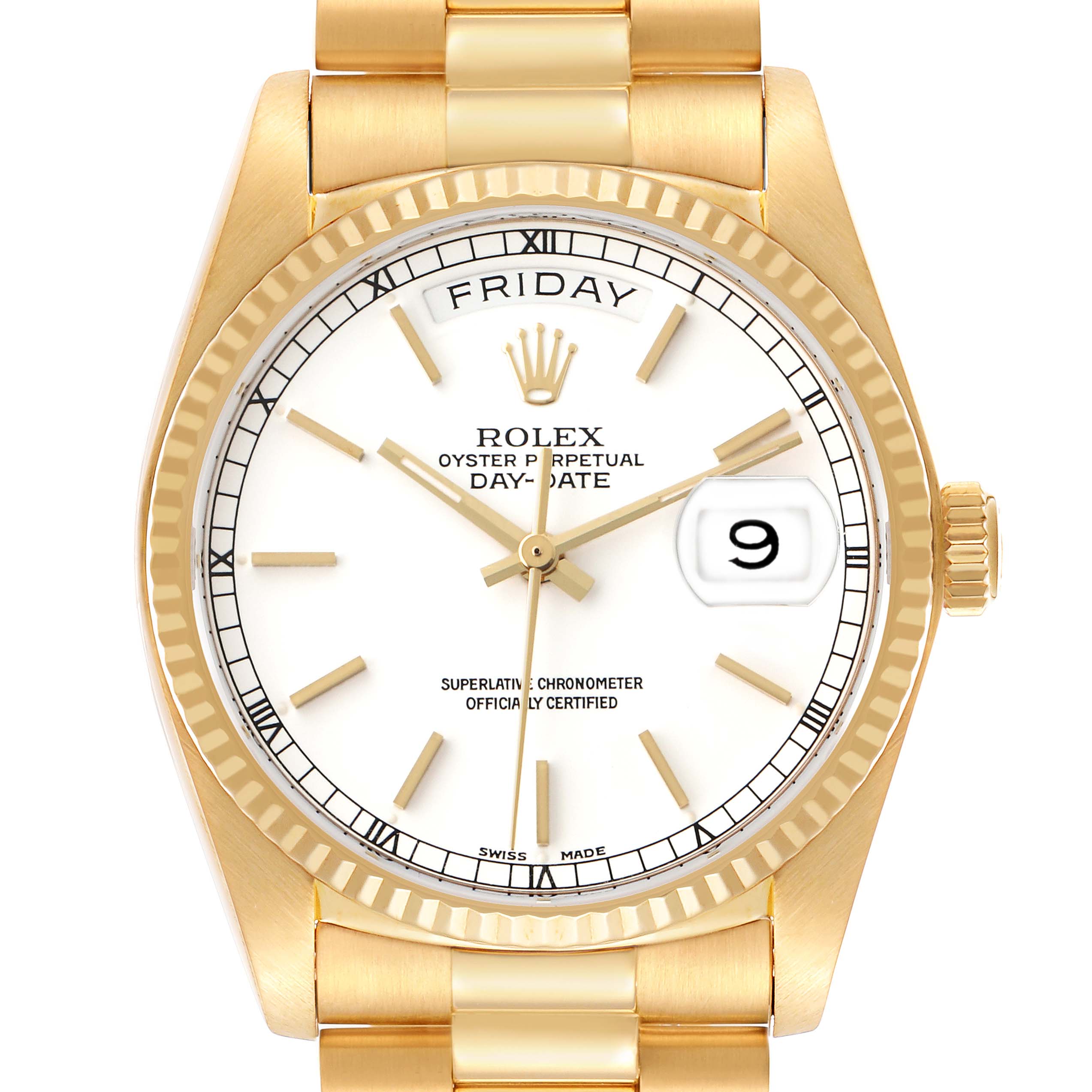 The image shows a front view of a Rolex President 18038 Men's Yellow Gold White Dial model watch, highlighting the dial, day-date display, and crown.