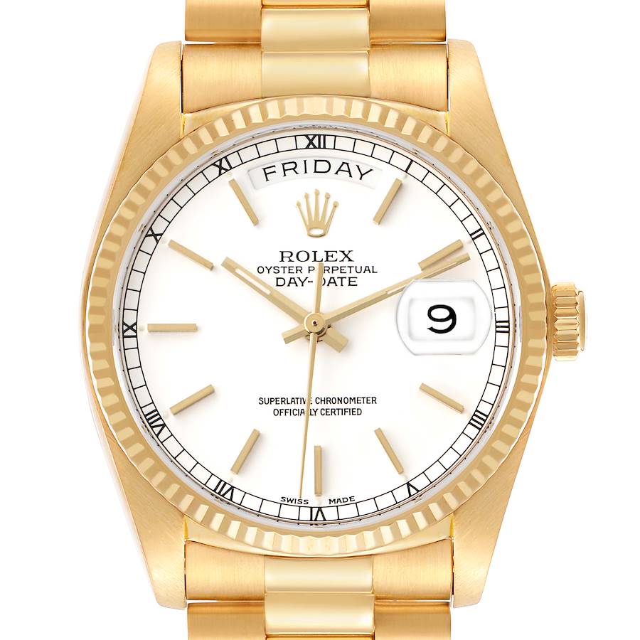 The image shows a front view of a Rolex President 18038 Men's Yellow Gold White Dial model watch, highlighting the dial, day-date display, and crown.