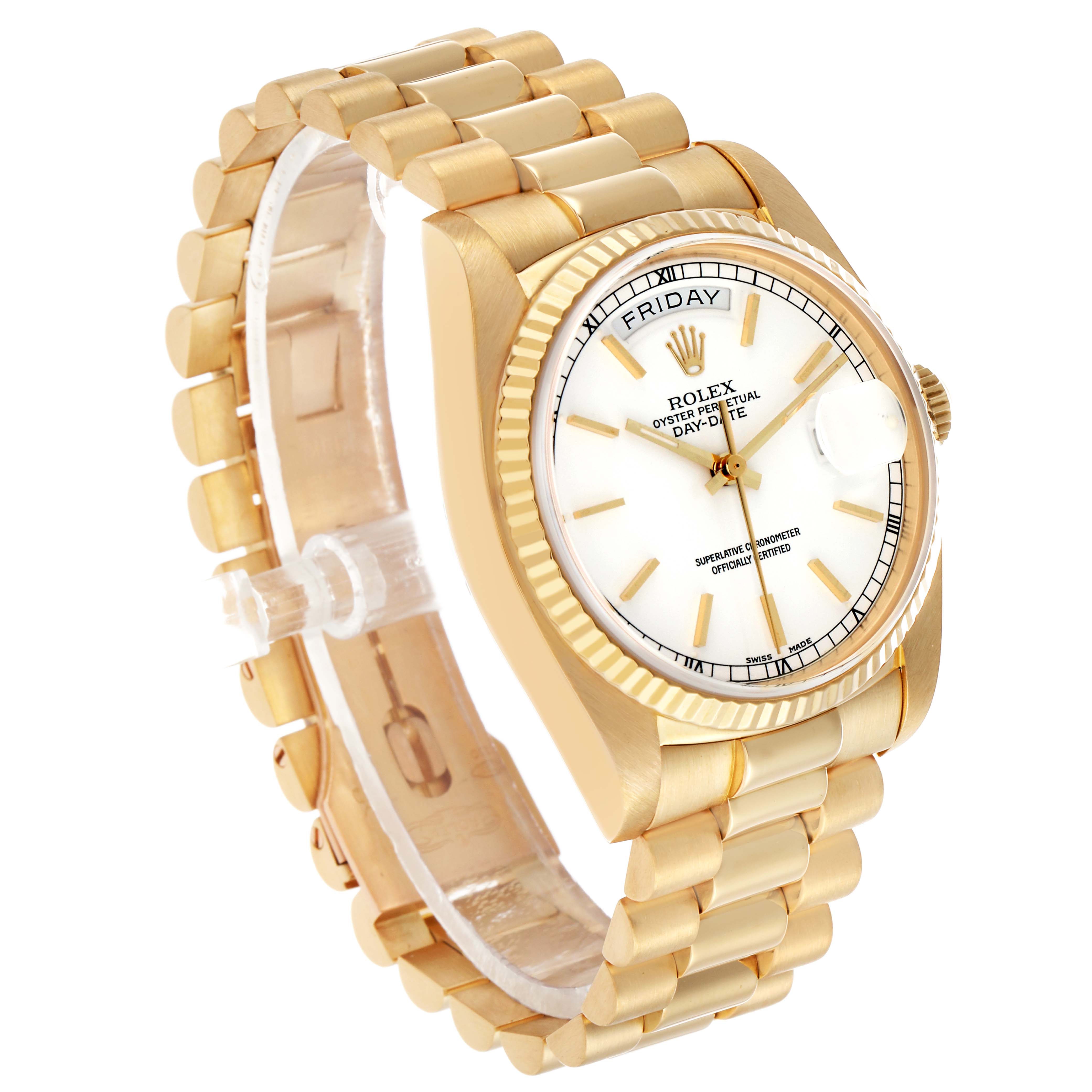 The Rolex President 18038 Men's Yellow Gold White Dial model is shown at a slight angle displaying the dial, fluted bezel, and part of the gold bracelet.