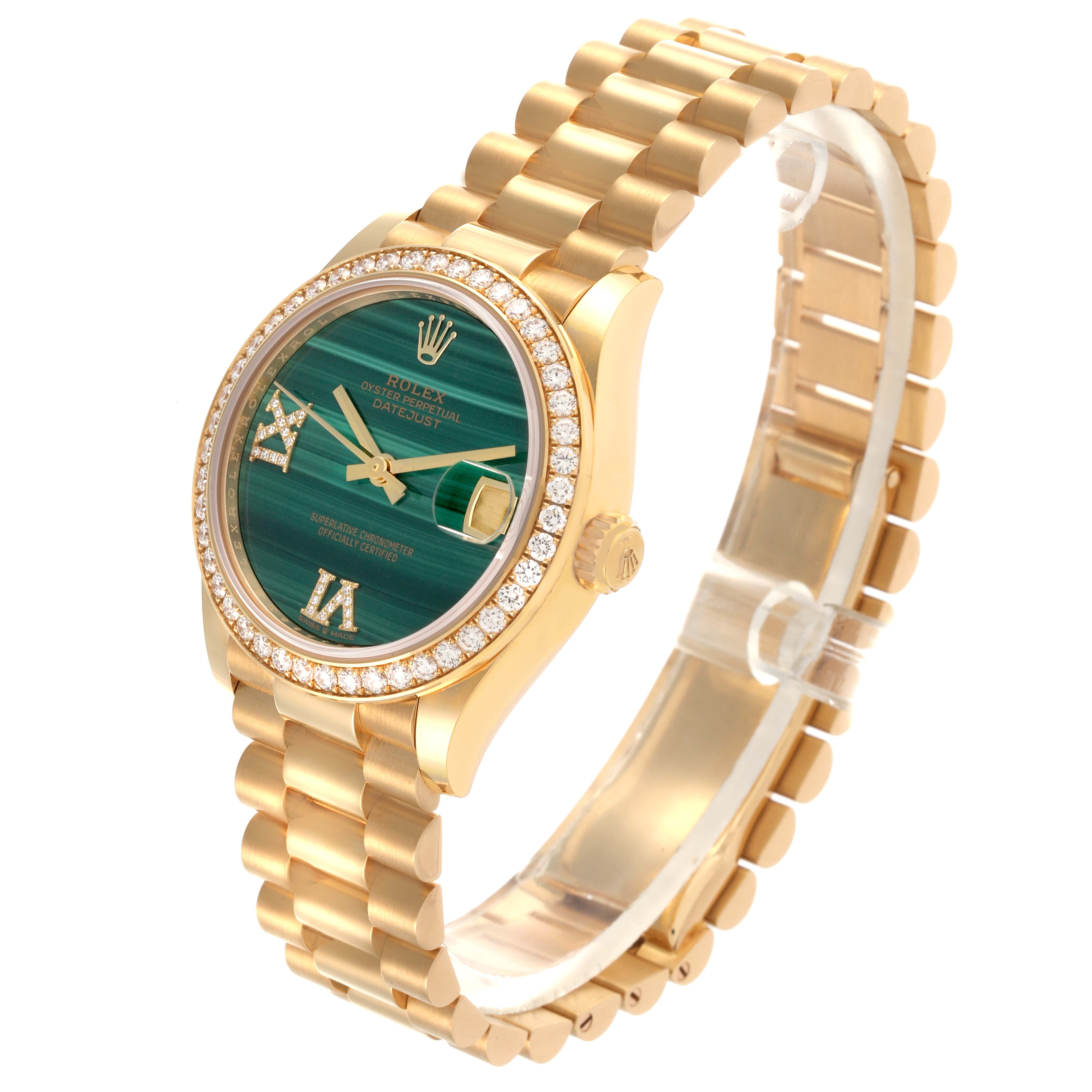 The image shows a Rolex President 278288RBR Women
s Yellow Gold Green Dial 278288RBR Women
s Yellow Gold Green Dial model at a three-quarter angle, displaying its gold bracelet and a green dial with a diamond bezel.
