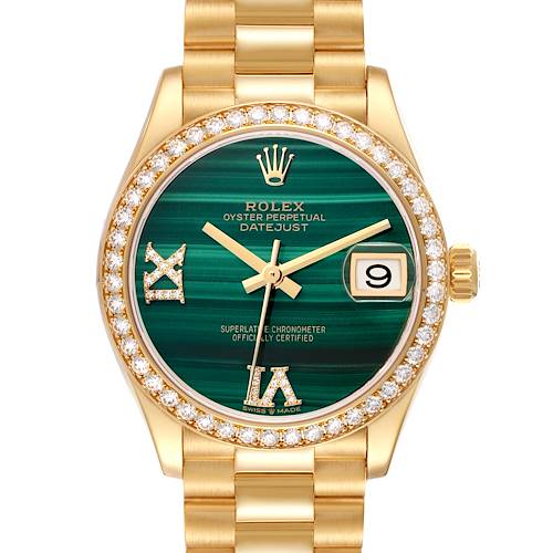 The Rolex President model is shown from the front, highlighting its gold bracelet, green dial, date window, and diamond bezel.