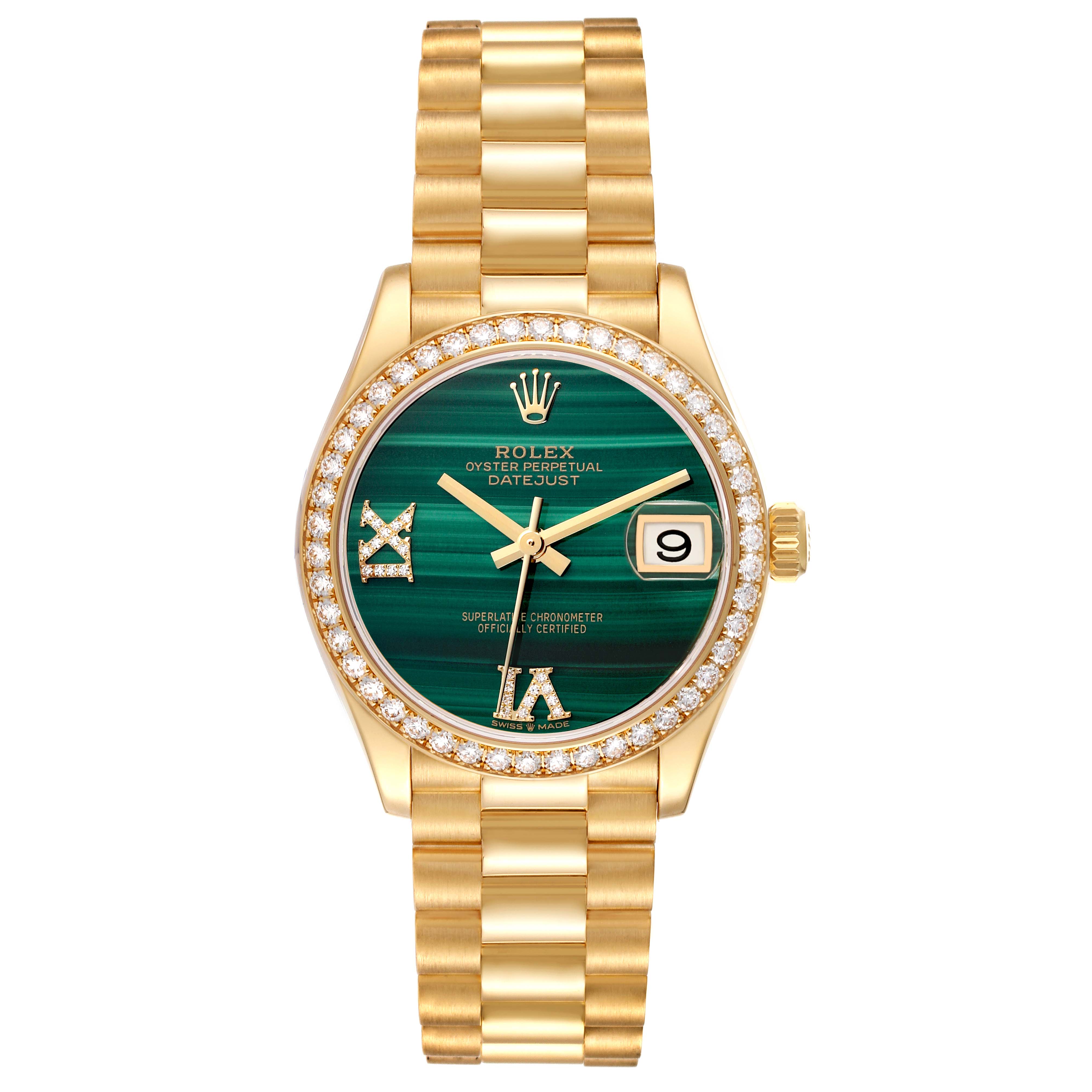 The Rolex President 278288RBR Women
s Yellow Gold Green Dial 278288RBR Women
s Yellow Gold Green Dial model watch is shown from a top view, highlighting the gold bracelet, emerald-green dial, and diamond bezel.