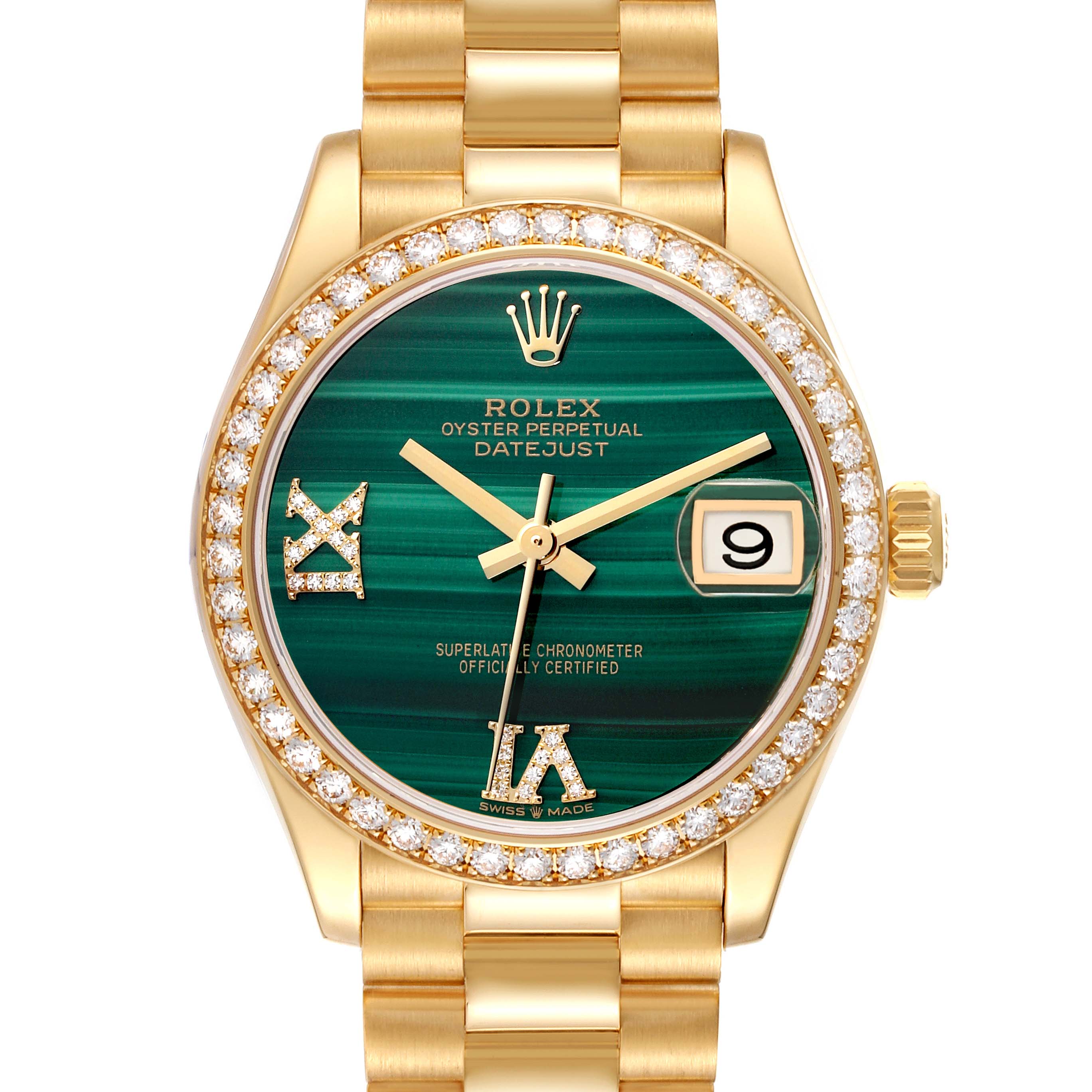The Rolex President 278288RBR Women
s Yellow Gold Green Dial 278288RBR Women
s Yellow Gold Green Dial model is shown from the front, displaying its green dial, diamond bezel, and gold bracelet.
