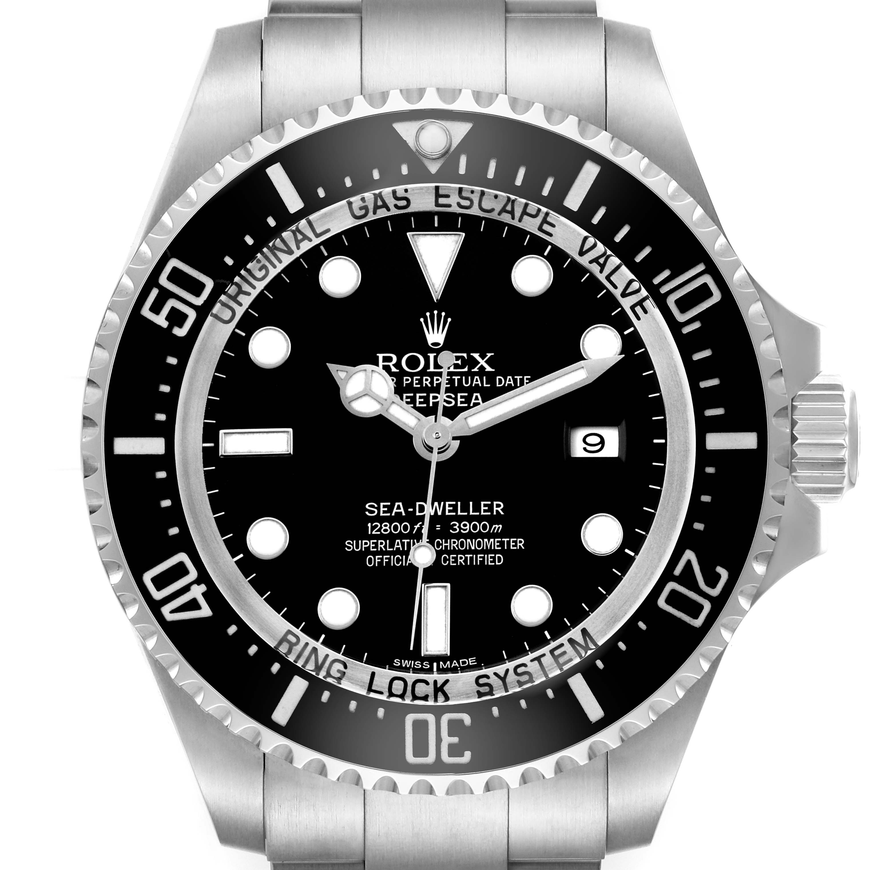 This is a front view of a Rolex Sea-Dweller watch, showing the dial, bezel, and crown.