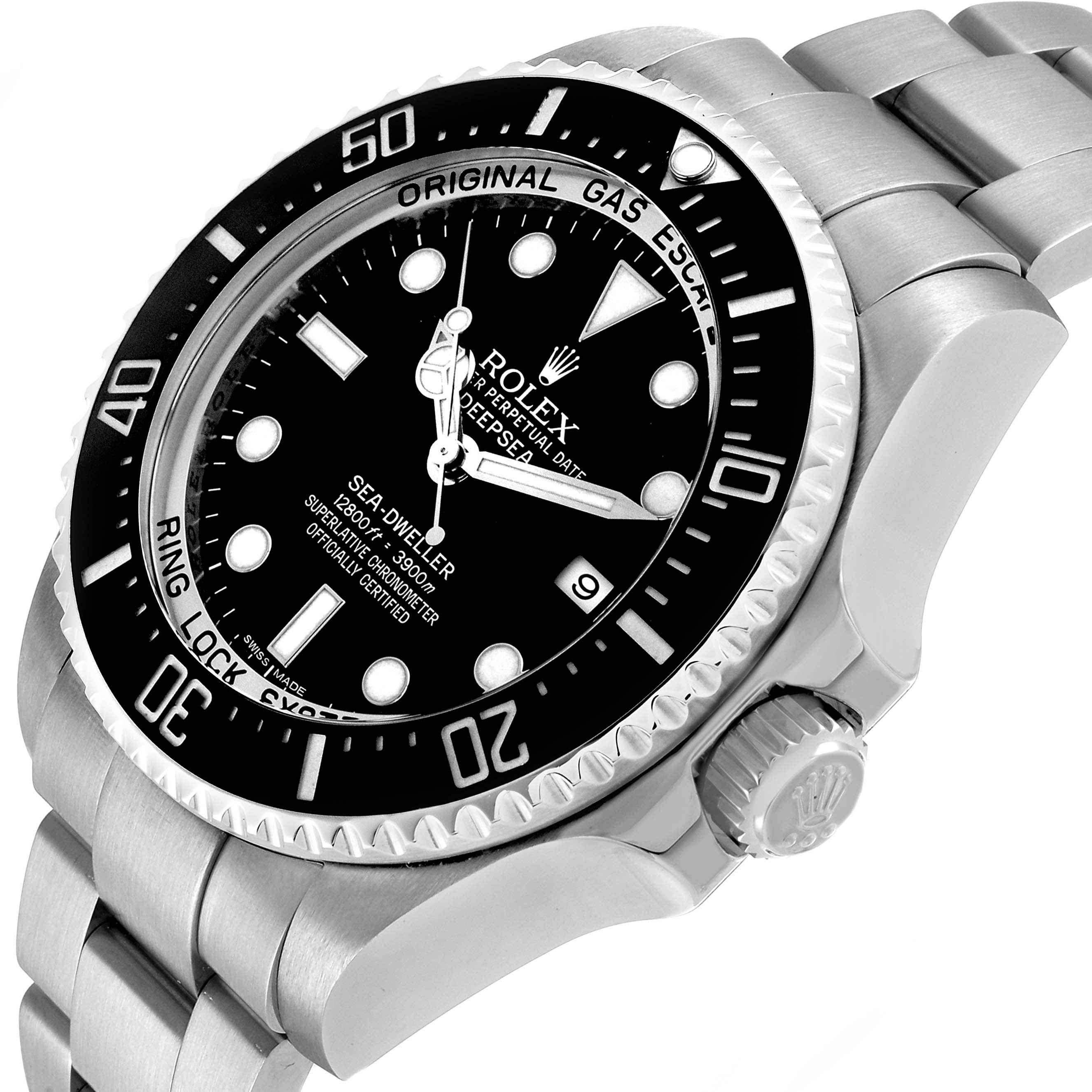 The image shows a Rolex Sea-Dweller watch from a three-quarter angle highlighting the face, bezel, crown, and part of the bracelet.