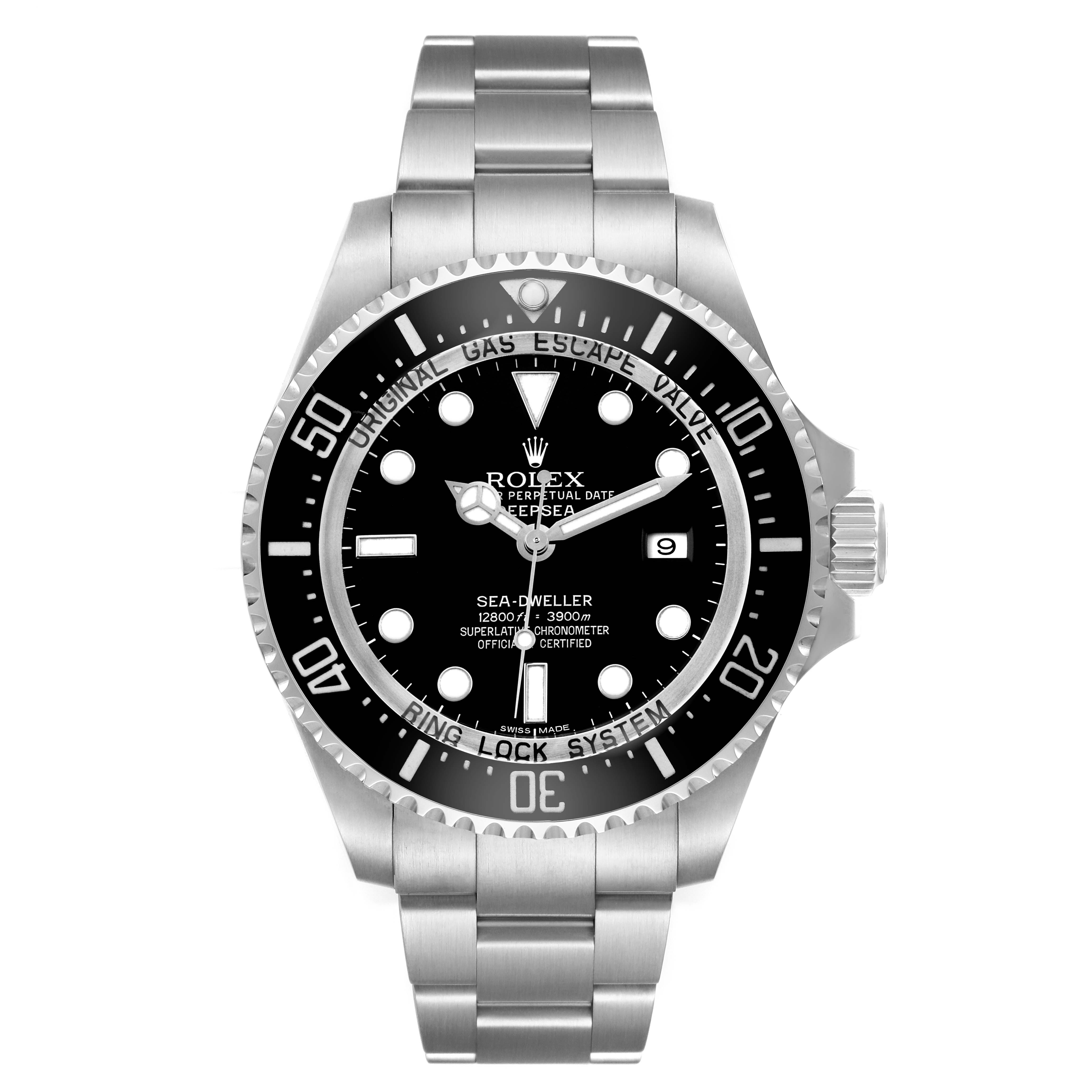 The image shows a Rolex Sea-Dweller watch from a front view, highlighting its bezel, dial, and bracelet.