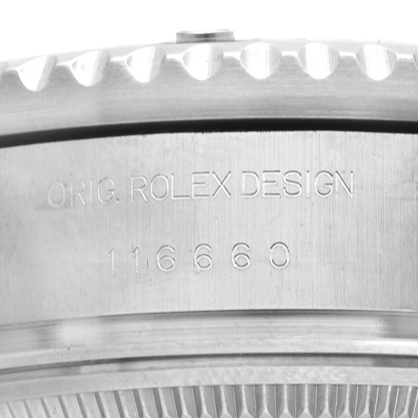 The image shows a close-up of the side of a Rolex Sky-Dweller 116660 Men's Stainless Steel Black Dial, featuring the bezel and engraved markings.